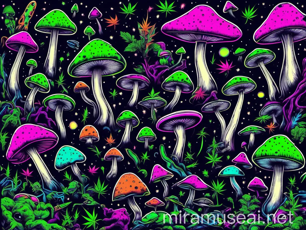 ZEDSDEAD in the middle. neon mushroom print. weed leaves. space ships. aliens. space.