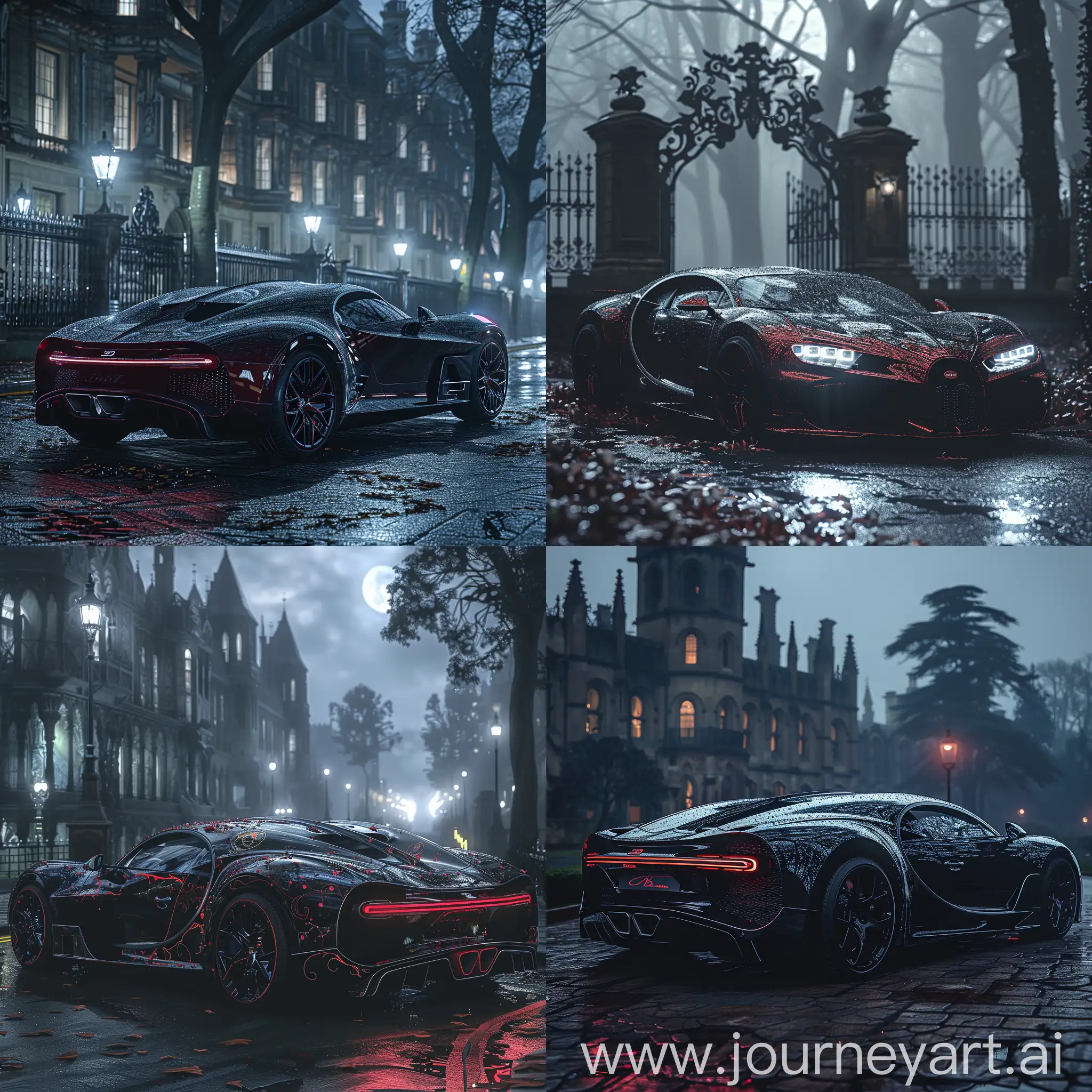!mid Gothic Bugatti enveloped in mist, Victorian Gothic architecture backdrop, moonlit night, dramatic chiaroscuro lighting, ornate ironwork detailing, black and blood red color scheme, aesthetic of Edgar Allan Poe, hauntingly beautiful --ar 1:1 --s 750 --c 15 --relax --v 6