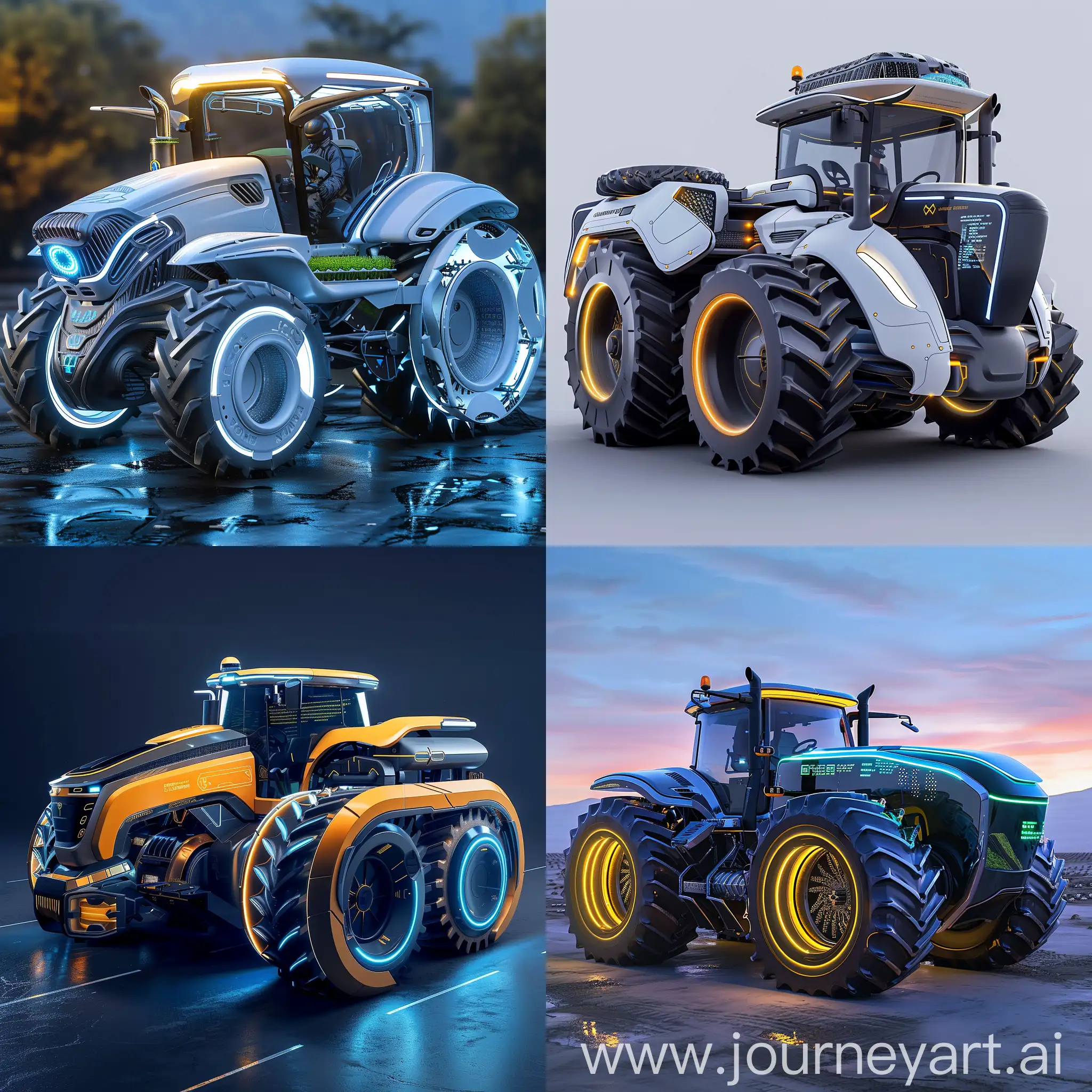 Futuristic tractor, in futuristic style, Electric Powertrain, Autonomous Operation, Machine Learning Algorithms, Advanced Composite Materials, Hydroponic Farming Modules, Energy Harvesting Technologies, Holographic Display Interfaces, Modular Design, Biometric Monitoring Systems, Blockchain-based Supply Chain Integration, Streamlined Aerodynamics, Integrated Sensor Arrays, Active Suspension Systems, Multifunctional LED Lighting, Self-Cleaning Surfaces, Flexible Solar Panels, Advanced Robotic Arms, Hydrophobic Coatings, Augmented Reality Windshield, Biodegradable Materials, 2040, unreal engine 5 --stylize 1000