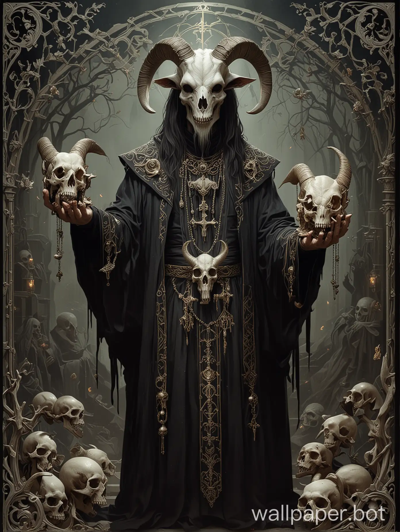 arot card art Nouveau, satanic goat priest , holding skull in hands:1.2, wearing black robe, isometric view, , , Pale skin, decaying body:1.3 , Sante Muerte