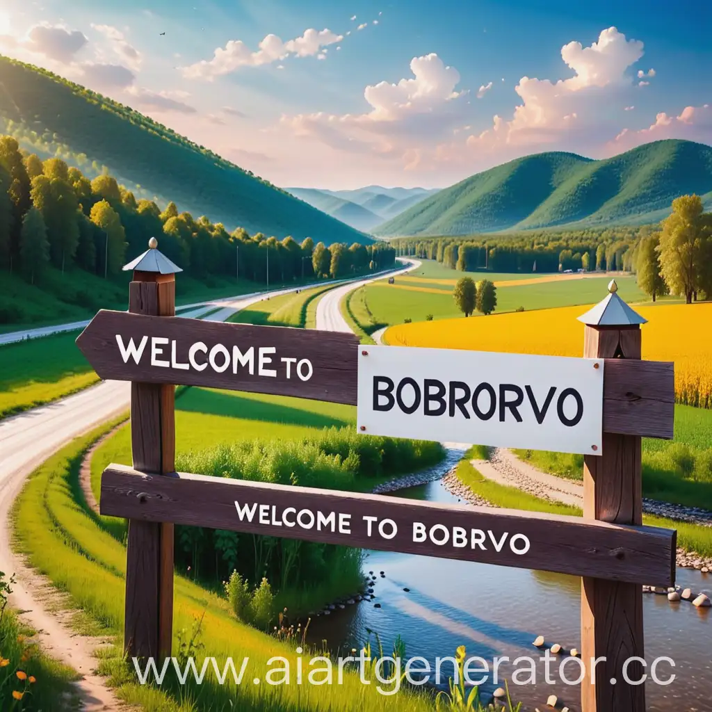 Вывеска с надписью "Welcome to Bobrovo!" на фоне красивого пейзажа