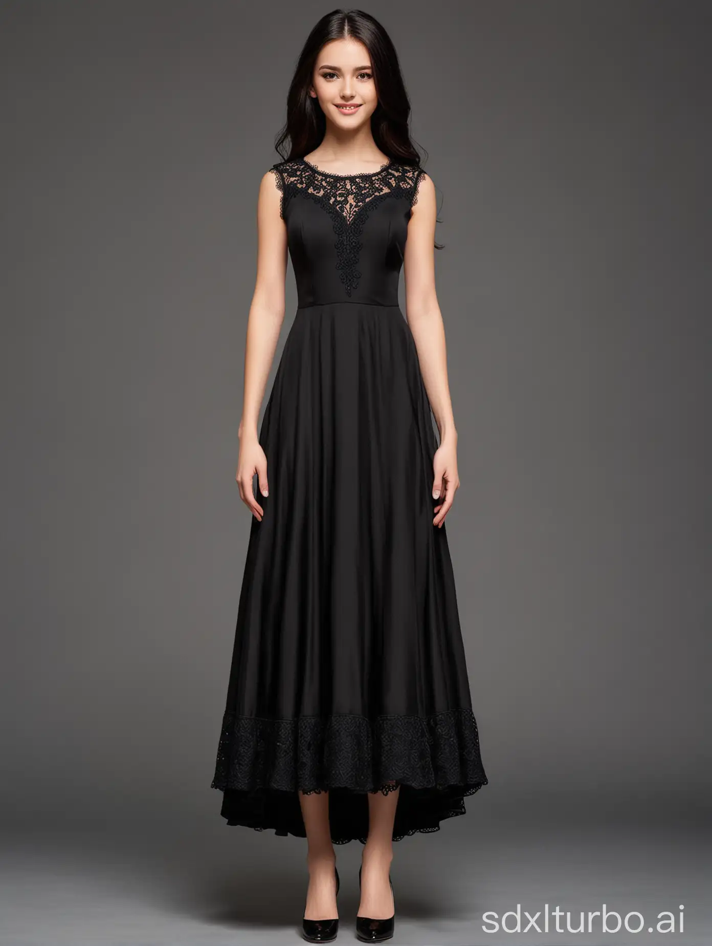 Character: A young, tall, slender girl with black eyes and black long hair, wearing a stunning black long dress. This dress features a round neckline and sleeveless design, with an unslit skirt down to the barefoot, highlighting the elegance of the outfit. Dress details: made of polyester fiber, with lace trim at the neckline, tailored fit. Pose: standing beside the city road; Shoes: paired with exquisite open-toe high heels, complementing the fashion of the dress.