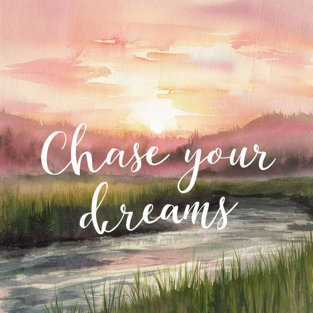 A watercolor painting of a sunrise with the quote “Chase Your Dreams.” 