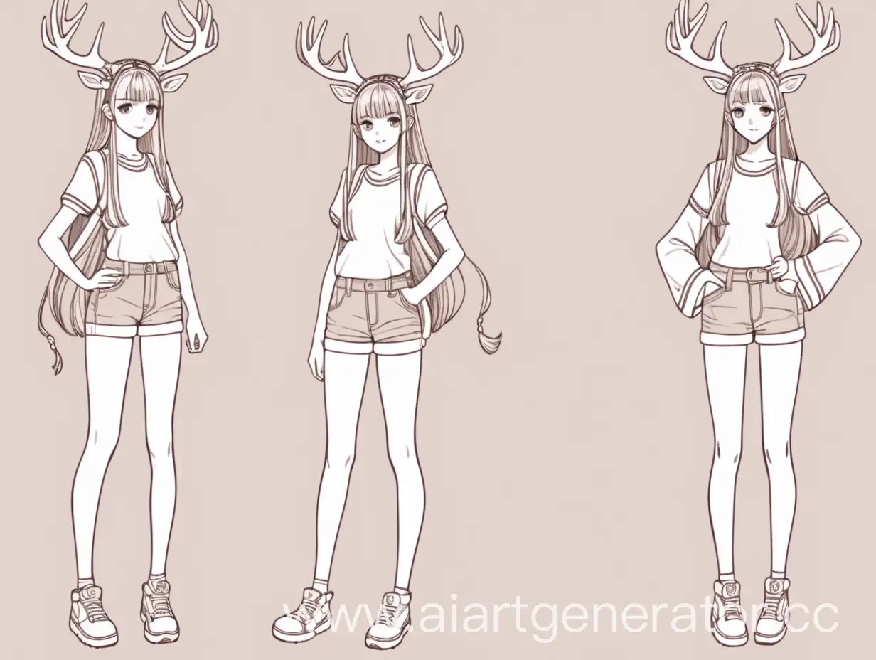девочка в полный рост с ногами и оленьими рогами рисунок в аниме стиле