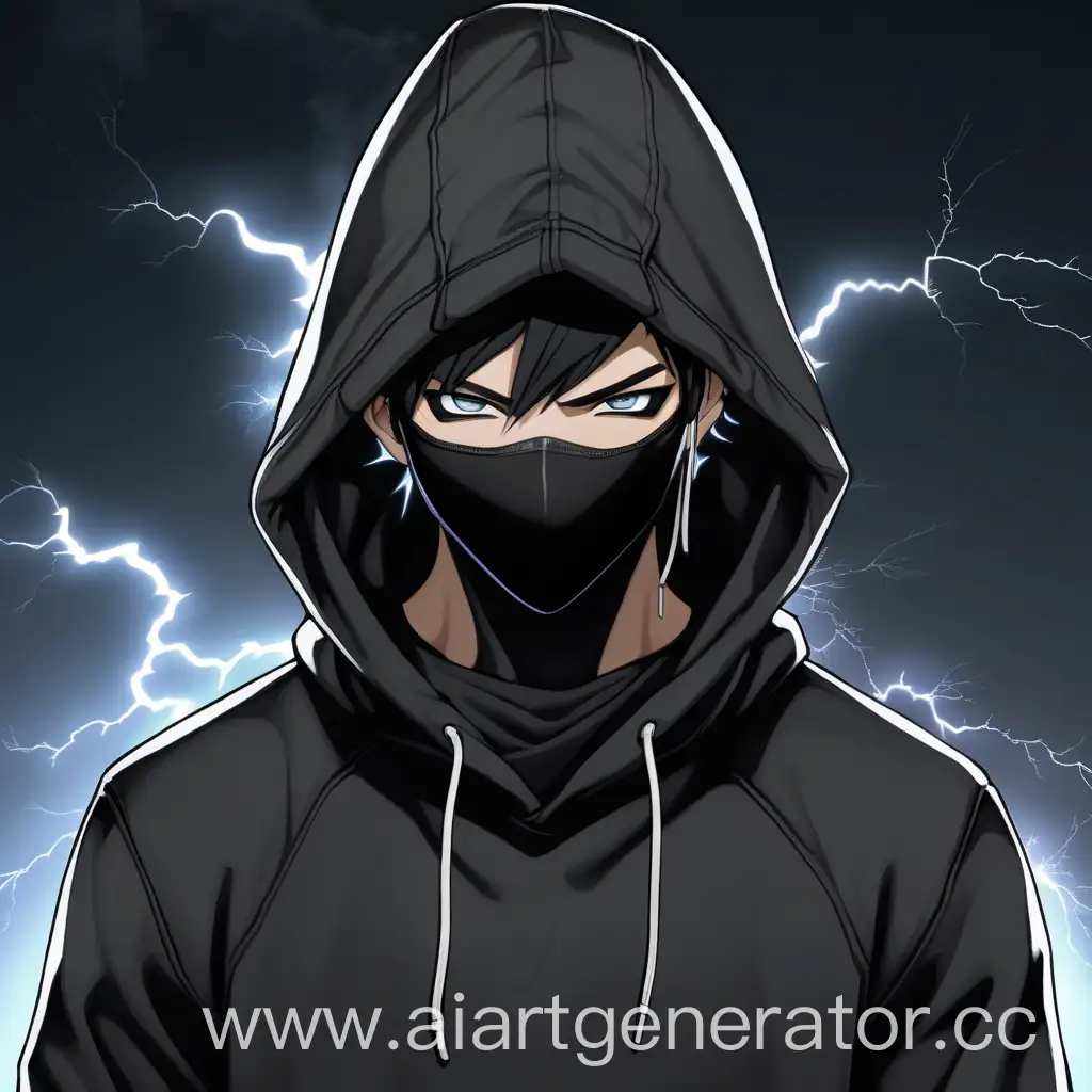 he is tall, has black hair, has a mixture of black and lightning inside his eyes, wears a mask, wears a hoodie, has earplugs, wears black clothes, black pants and a black shirt mixed with white.