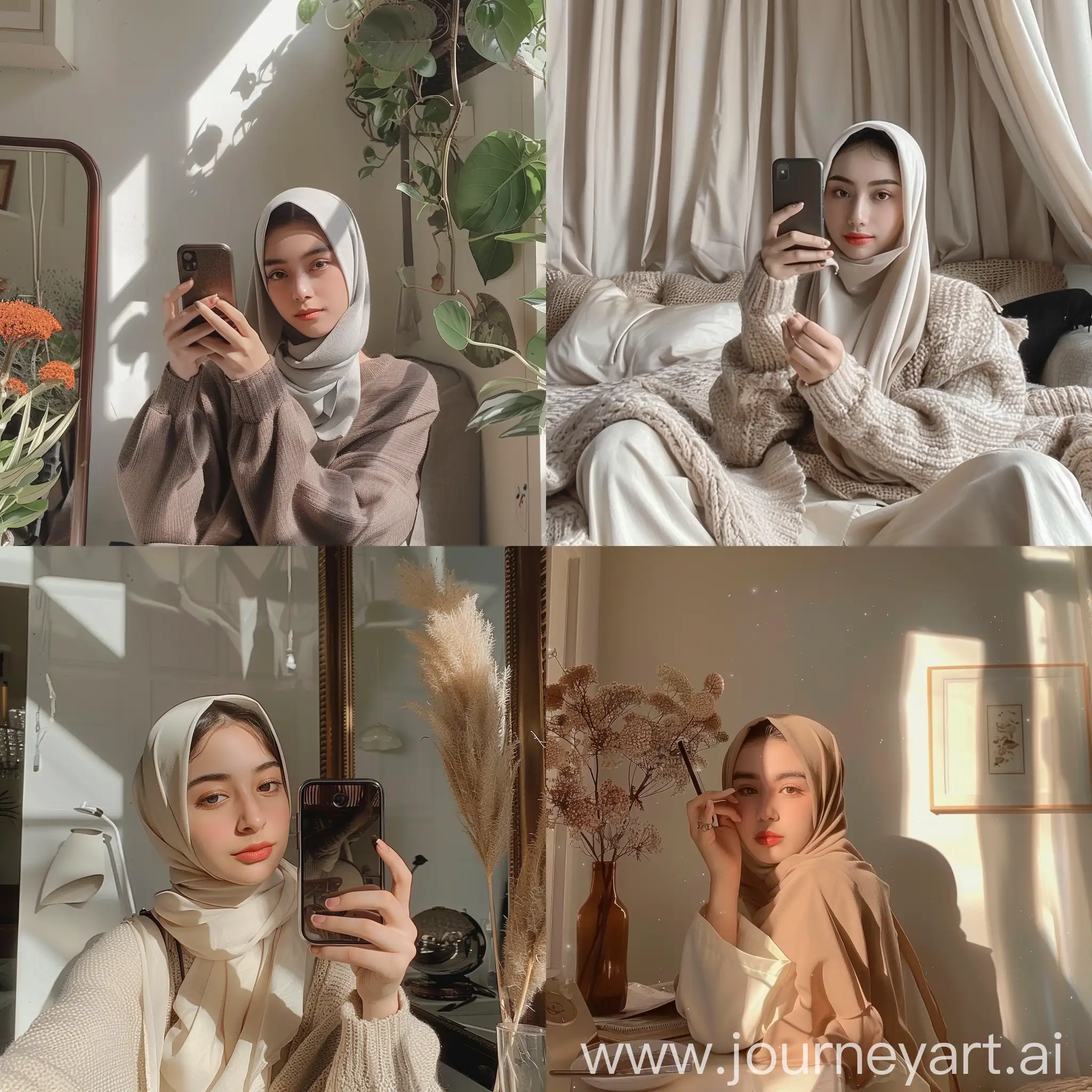 Aesthetic Instagram selfie, beautiful girl hijab, cute, kamar dekorasi cantik.