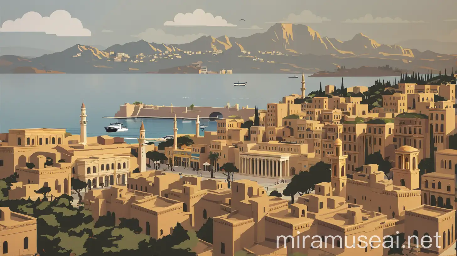 Mixed style of flat vector art, cartoon art, cinematic and travel poster recreation of the ancient city of Beirut 