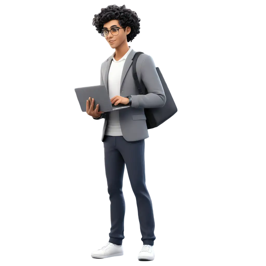 torso of cartoon curly black hair software engineer with professional look 25 age male waring spects standing, holding a laptop facing toward us 