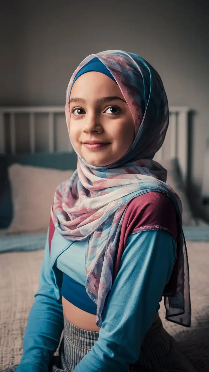 Elegant 14YearOld Girl in Hijab Sitting on Bed with Side Glance