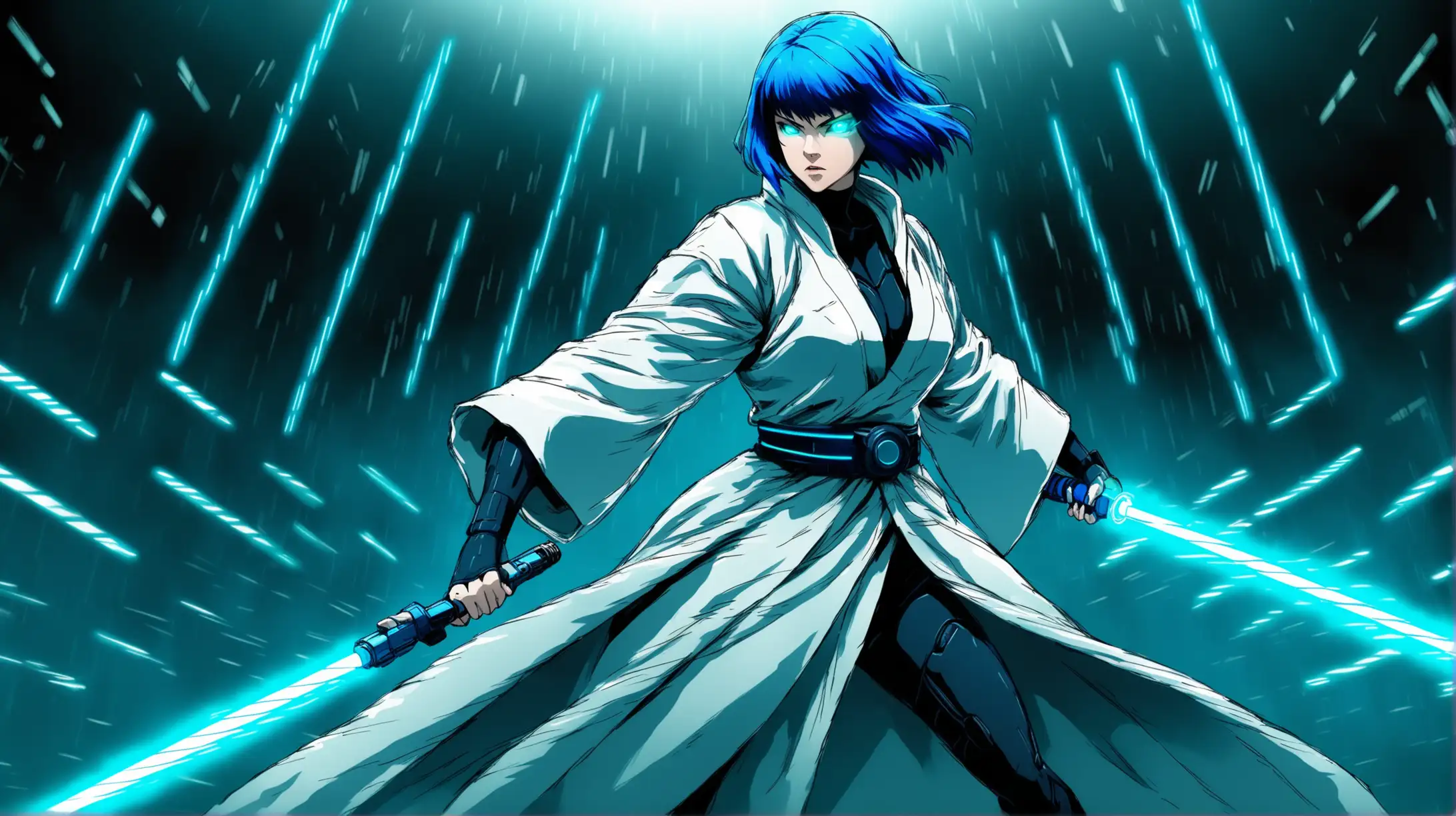 female with neon blue hair holding a lightsaber- with robes in battle stance - ghost in the shell style
