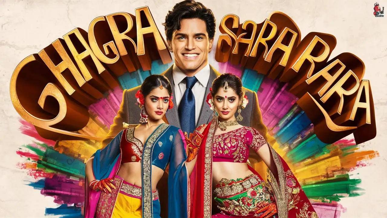 Create a Bollywood movie poster and have a title : "Ghagra Sara Rara  "
The poster should have one hero and two heroines