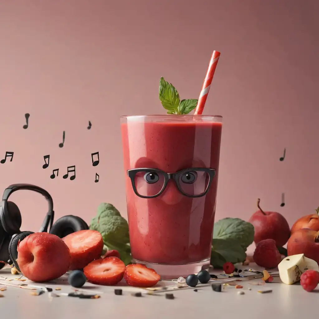 Smart red smoothie with glasses surrounded by music

