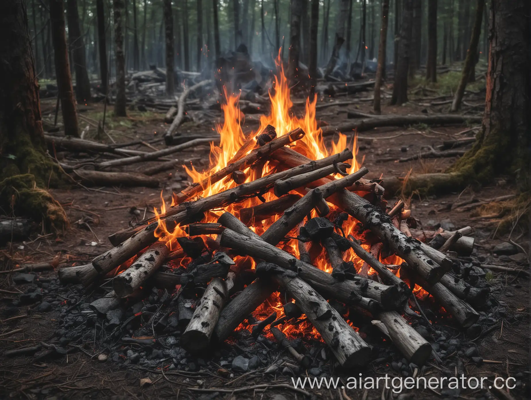 Затухший дымящий костер в лесу