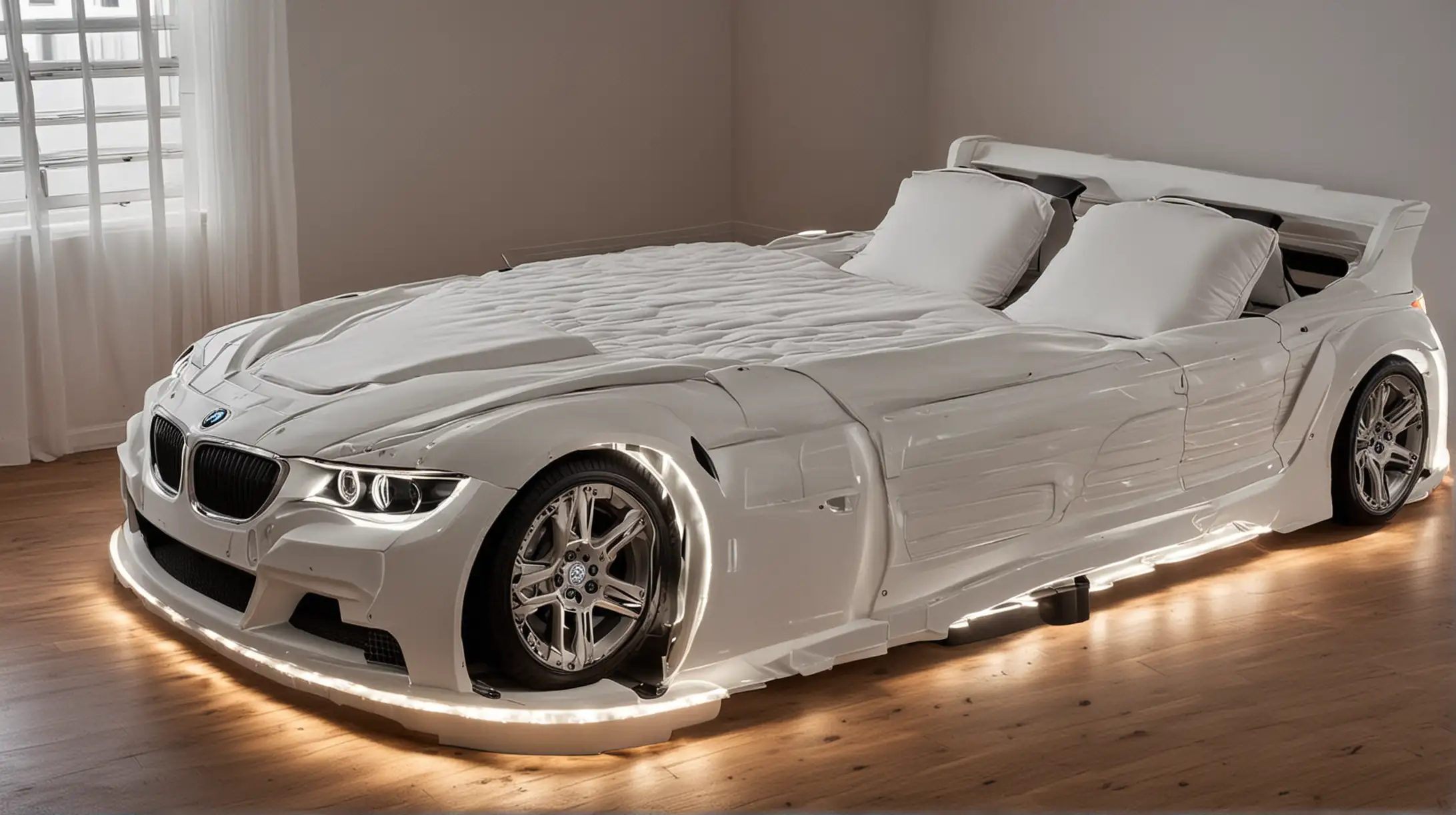 Luxury Double Bed Shaped as BMW Car with Illuminated Headlights