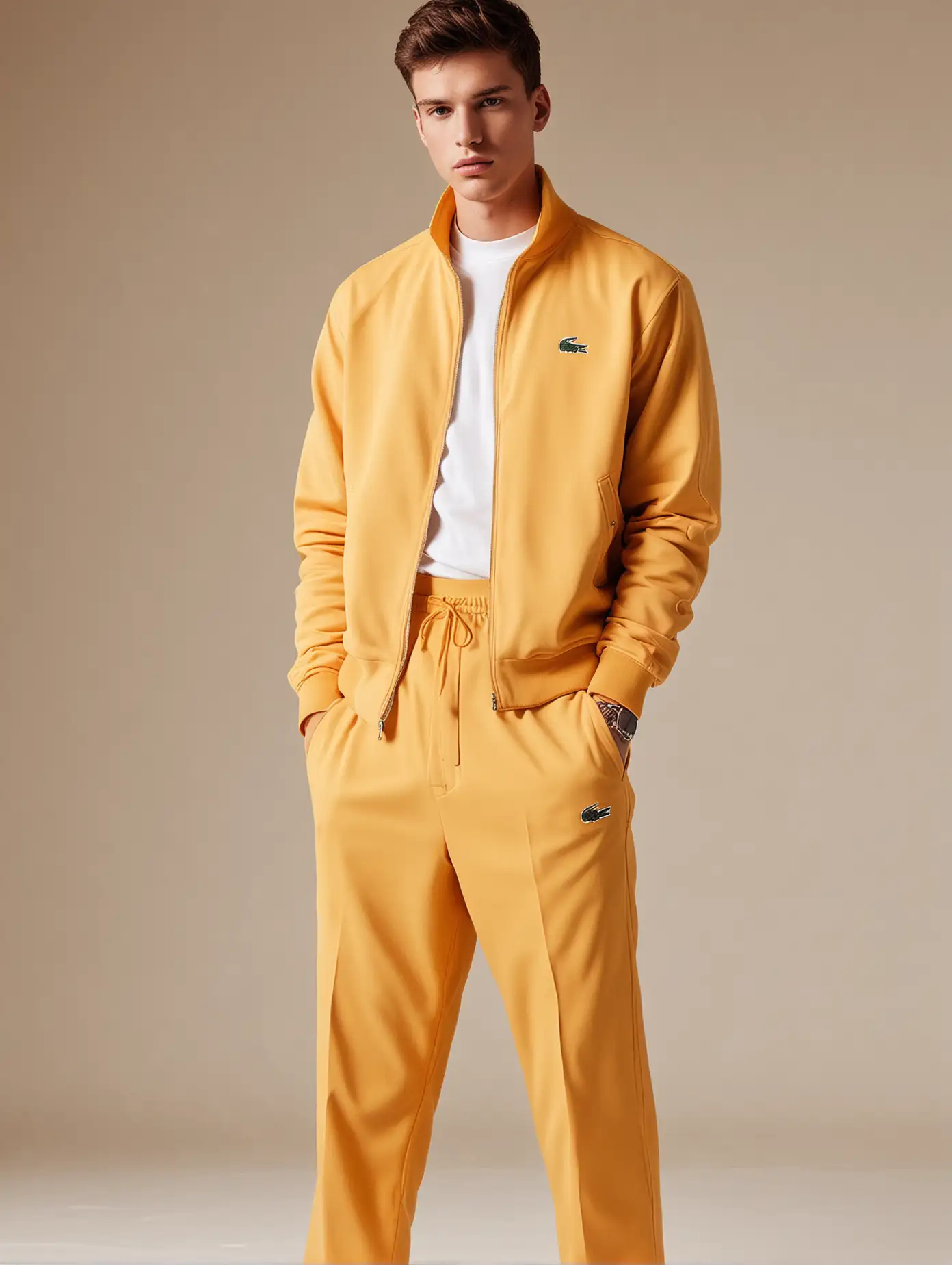 male model wearing Lacoste tracksuits, the pants are wide and straight, tracksuit has patterns on both jacket and pants, placed in huge bright luxury photo studio, sandy colors