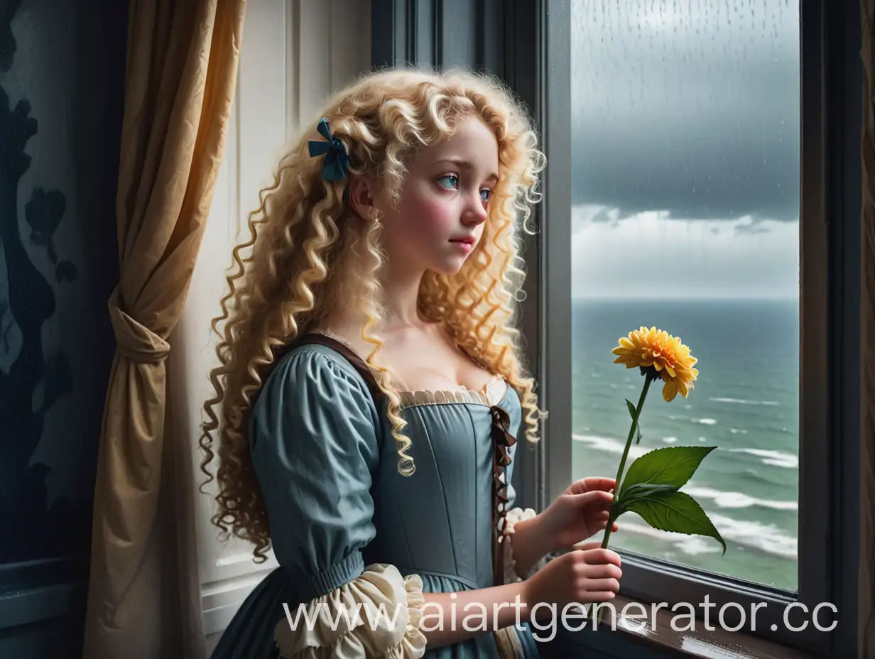 Девушка блондинка с кудрями и цветком в руках стоит у окна, за которым дождь и вид на море, 18 век