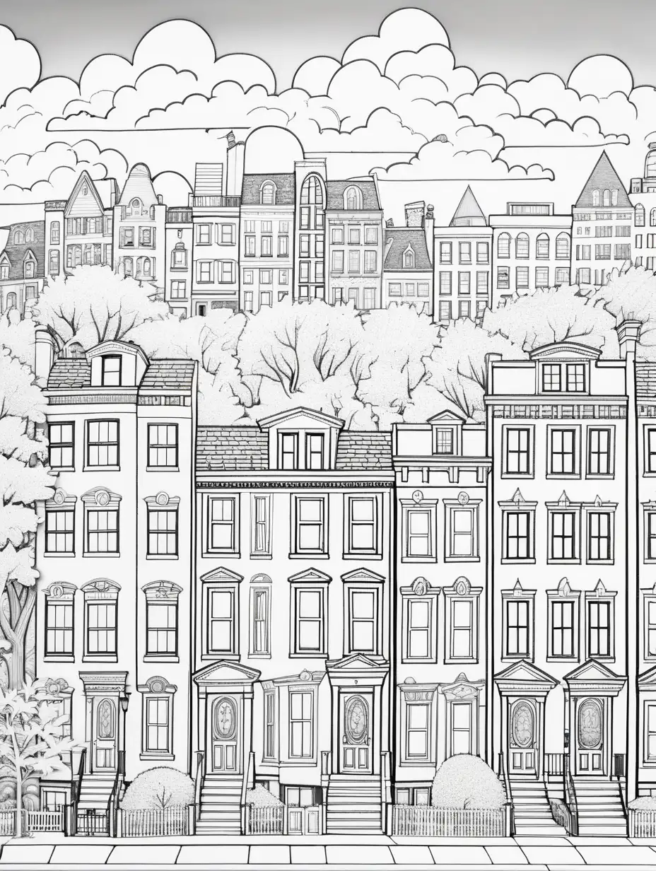 illustrated page for a coloring book, colored in using dynamic and fun and dynamic coloring schemes, classic and modern townhouses aligned horizontally with perfect symmetry, each a unique color pattern, some are colored perfectly while others are not colored, pretty trees and flowers line the block, Above is a playful sky and city skyline, image serves as the perfect wrap for a whimsical coloring book for young adults, clean lines for makes sharp details.