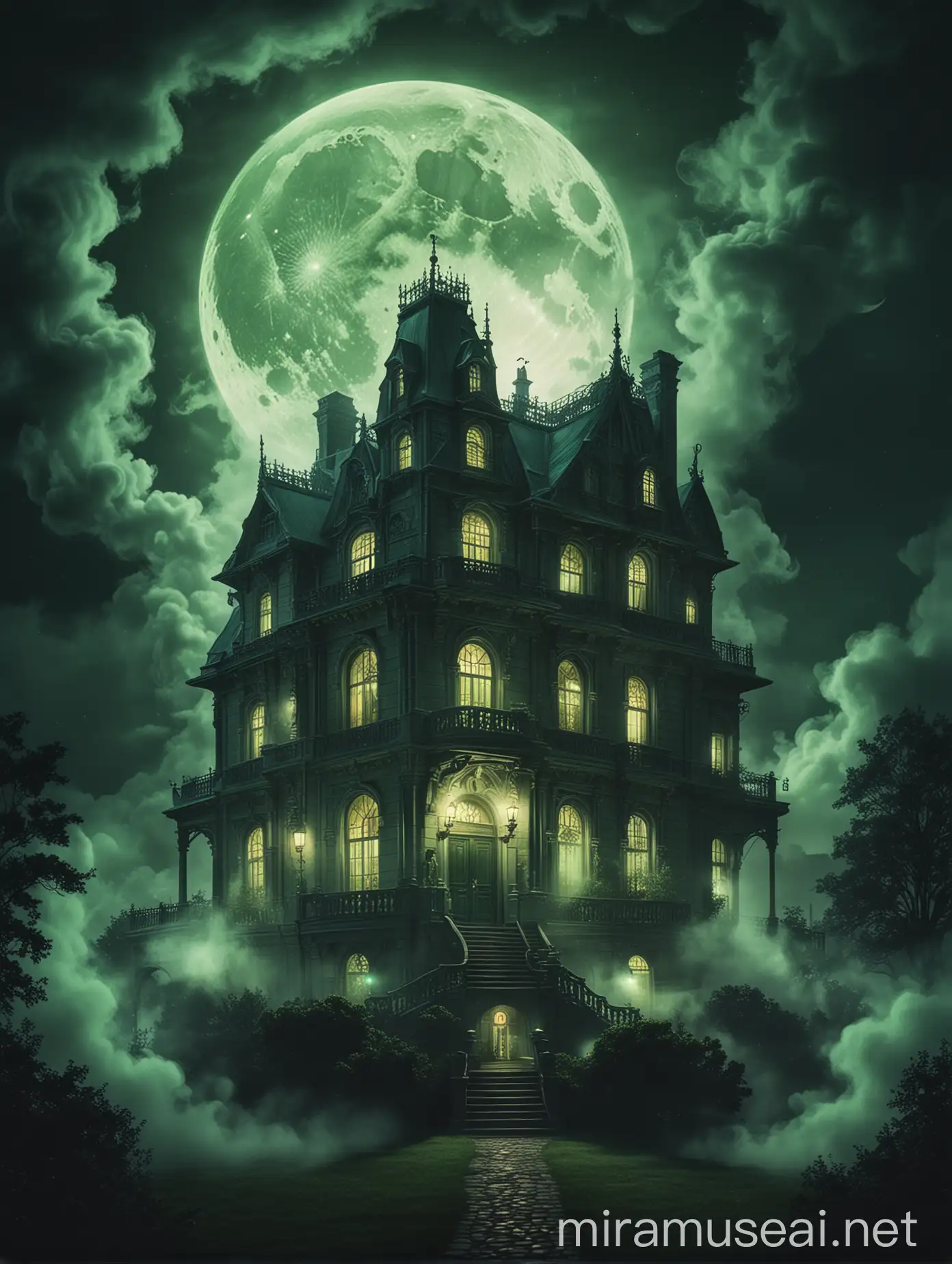 A mansion in the dark night with green smoke engulfing around with a glowing moon