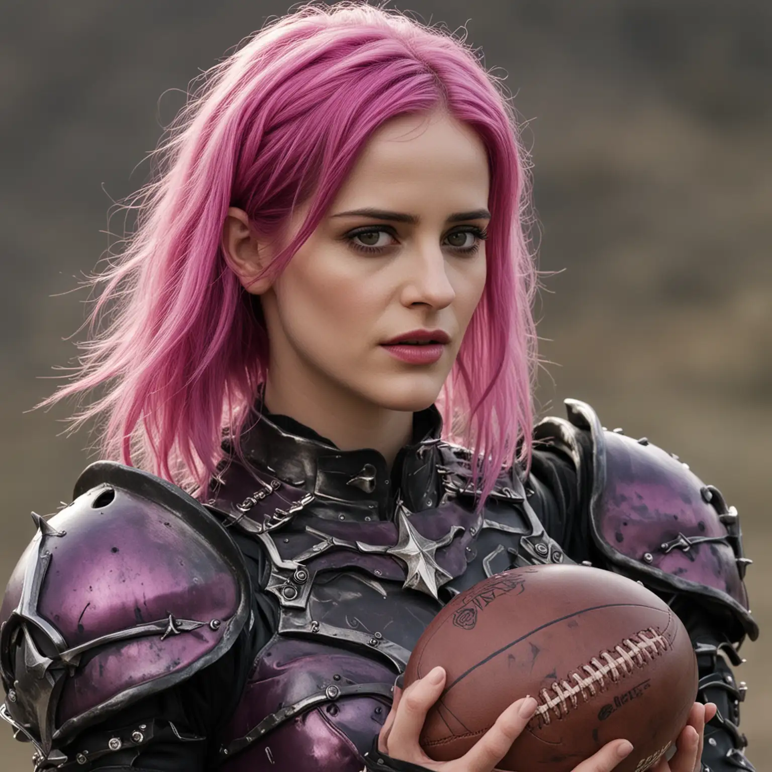Eva Green as an evil female elf with pink hair and dark purple armour holding spiked American football