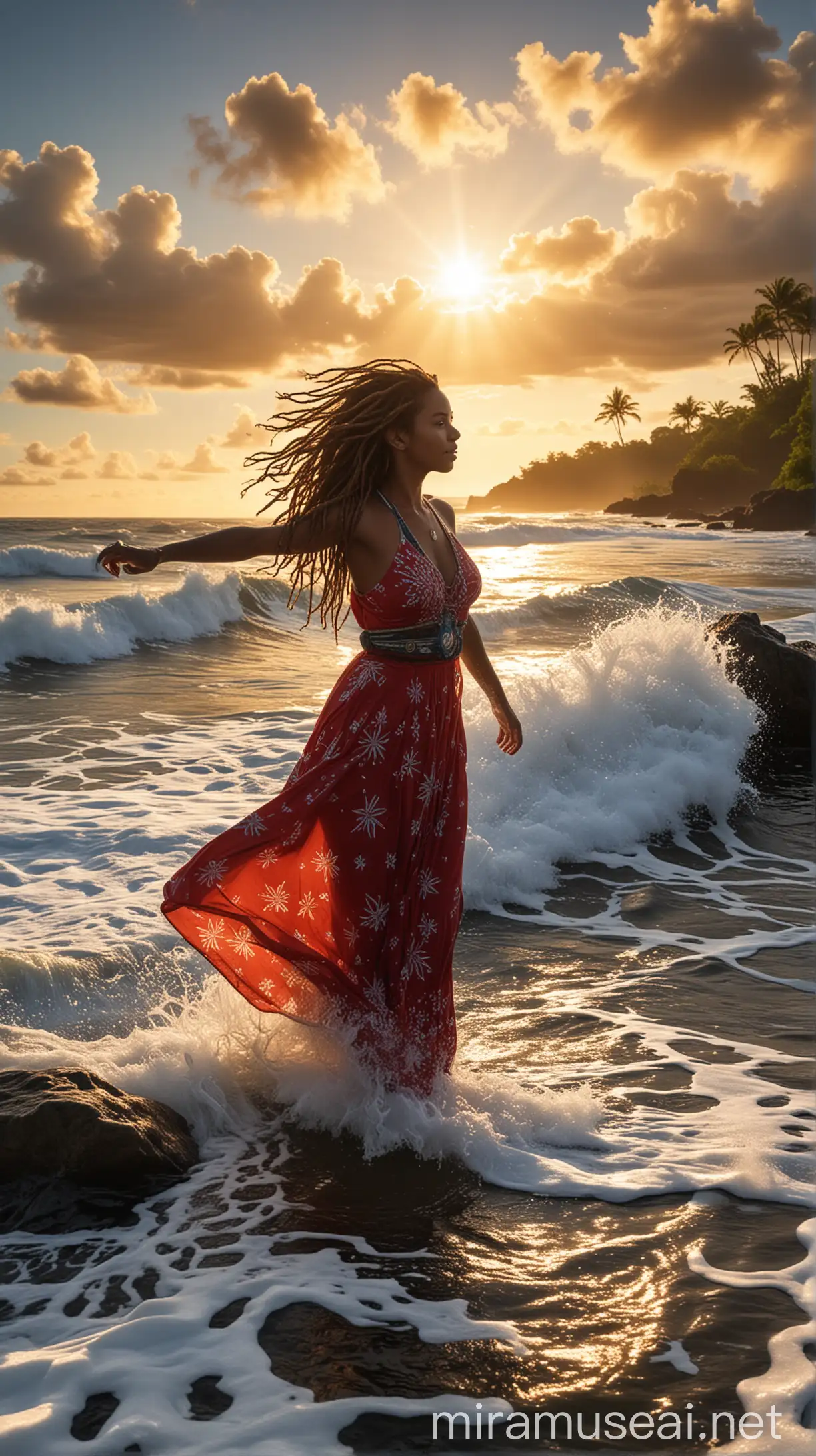 best quality, 8k, high resolution, masterpiece 1.2) very detailed, realistic {(National Geographic, underwater photography, 3D, HDR, UHD 16k photos), (Beautiful Papuan girl, about 20 to 25 years old, dreadlocks, brown skin white wearing a blue and red dress with star patterns), (dressfloating, water splashing, wet clothes splashed by big waves), (white surf, big waves, sunset, sea, trees, rocks, islands, bright and perfectly puffy clouds, dramatic golden crepuscular rays)}