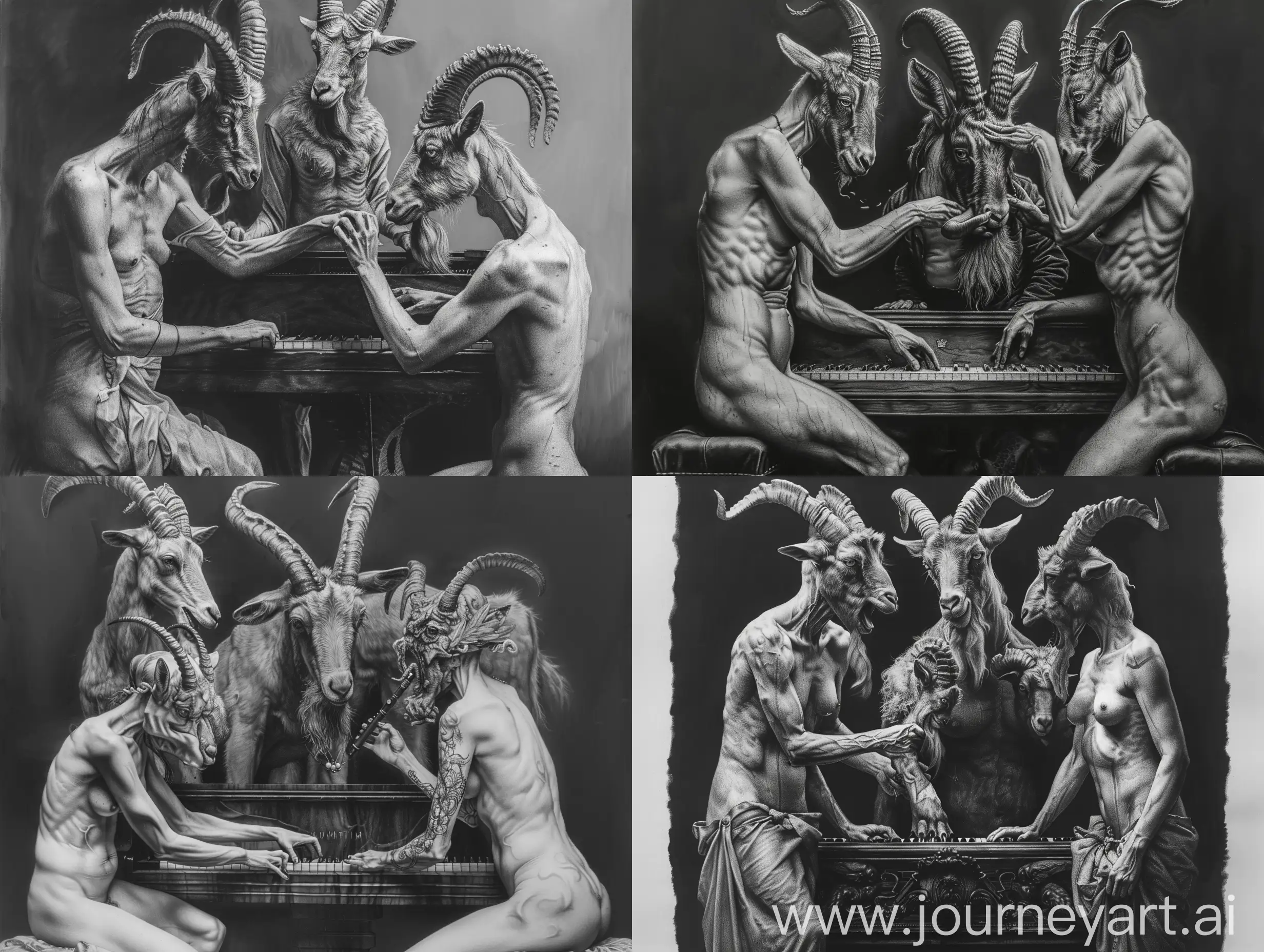 creative dark hyper realistic pencil sketch of three mythological figures with animal heads, each showing reverence towards the central goat-headed figure in a surreal setting playing piano, large canvas in great details