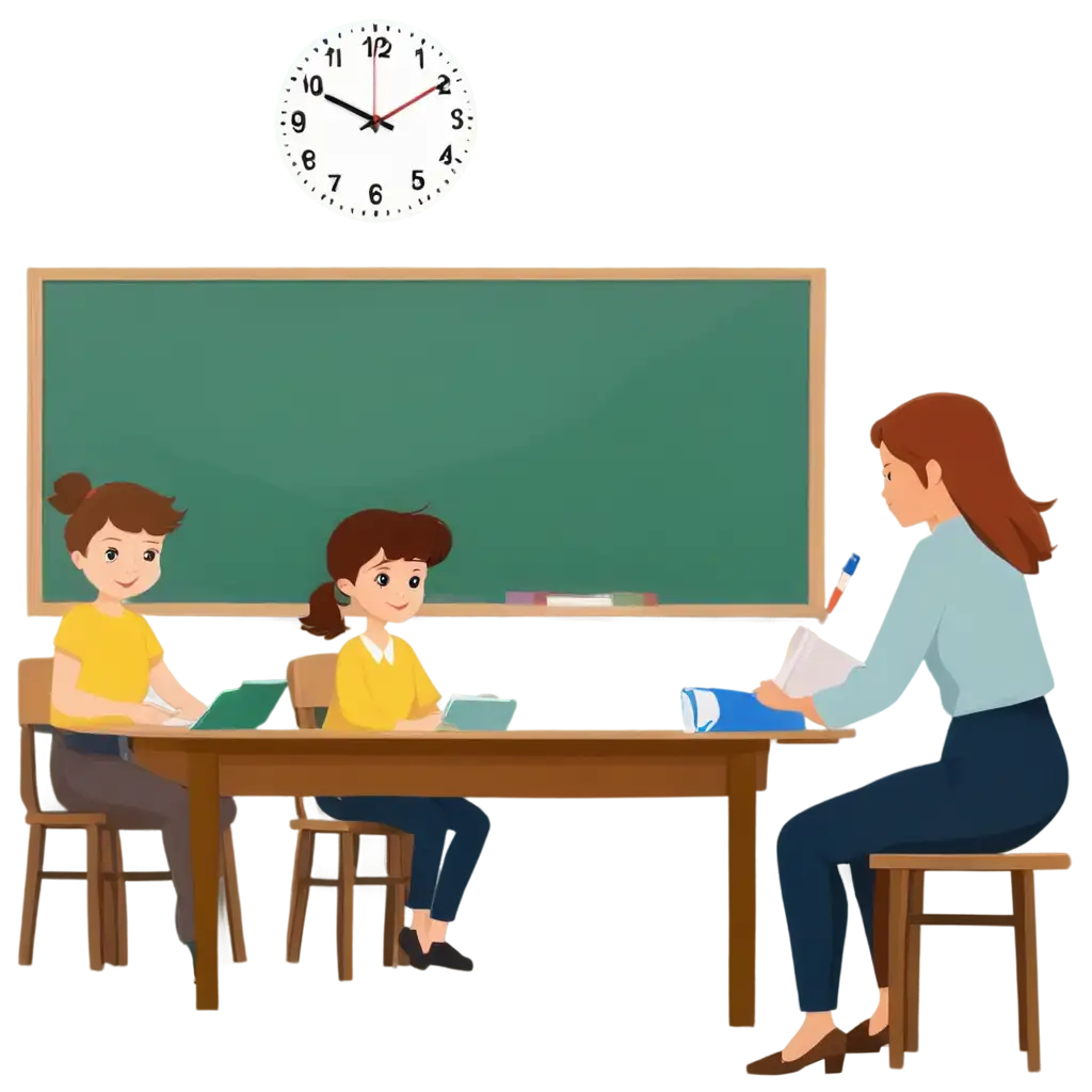 cearte a 8 inches x 11 inches clipart page  in which  kids sitting and studying, facing classroom board. Teacher standing in the classroom. chart on wall and clock and a book shelf 