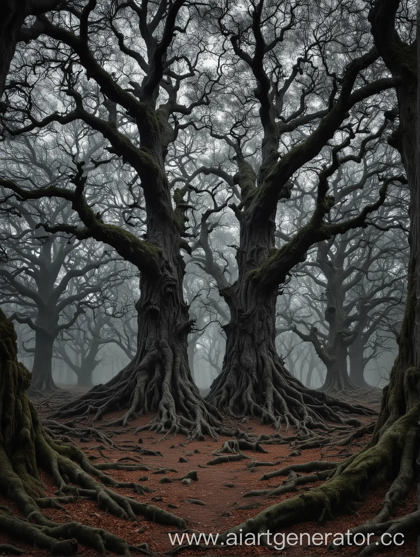Dark Fantasy,a dark forest with large oaks that have elongated protrusions of 50 centimeters, a view directly onto one of the oaks from the 1st person