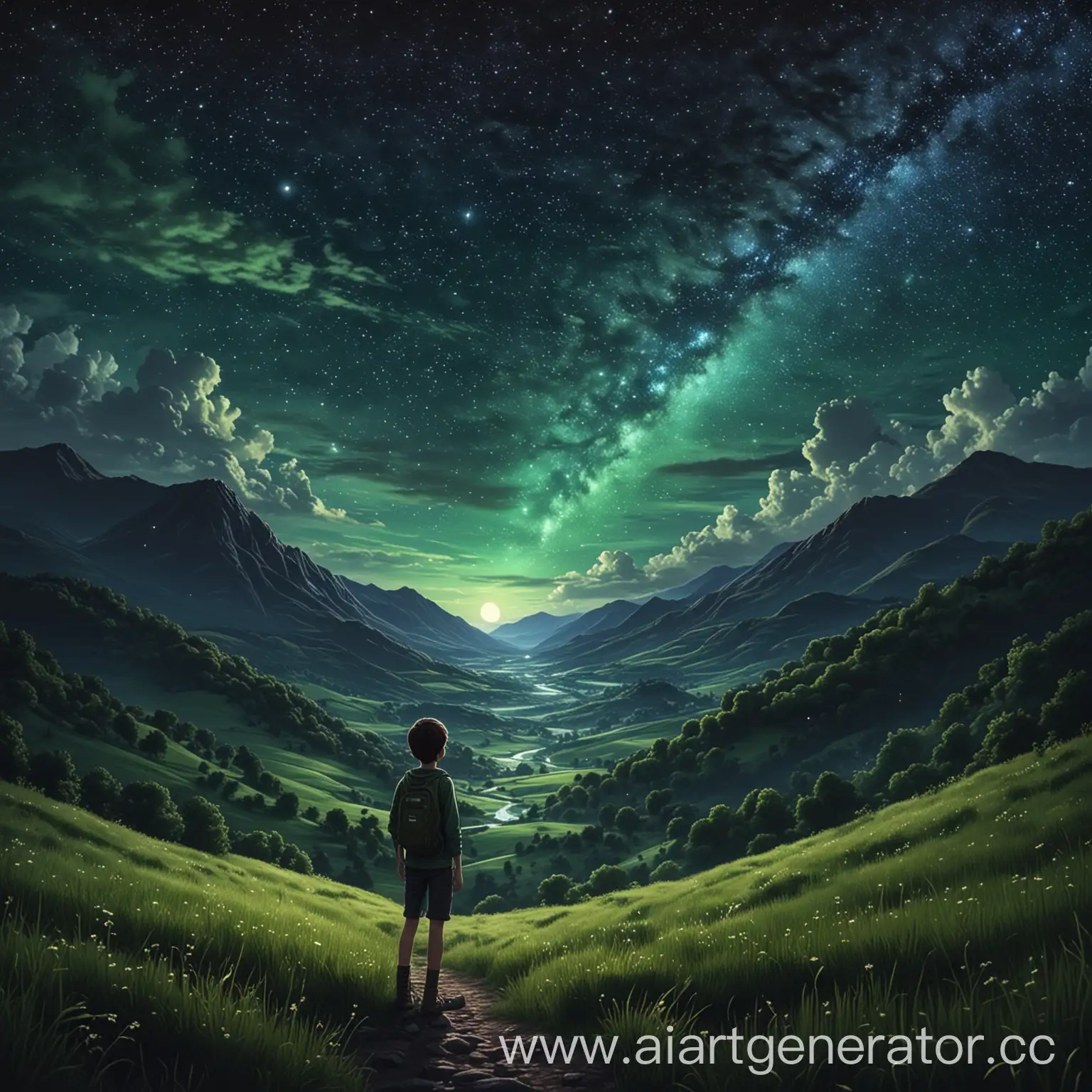Красивое ночное небо со звездами, по среди зеленых холмов стоит один мальчик который с грустью смотрит на небо