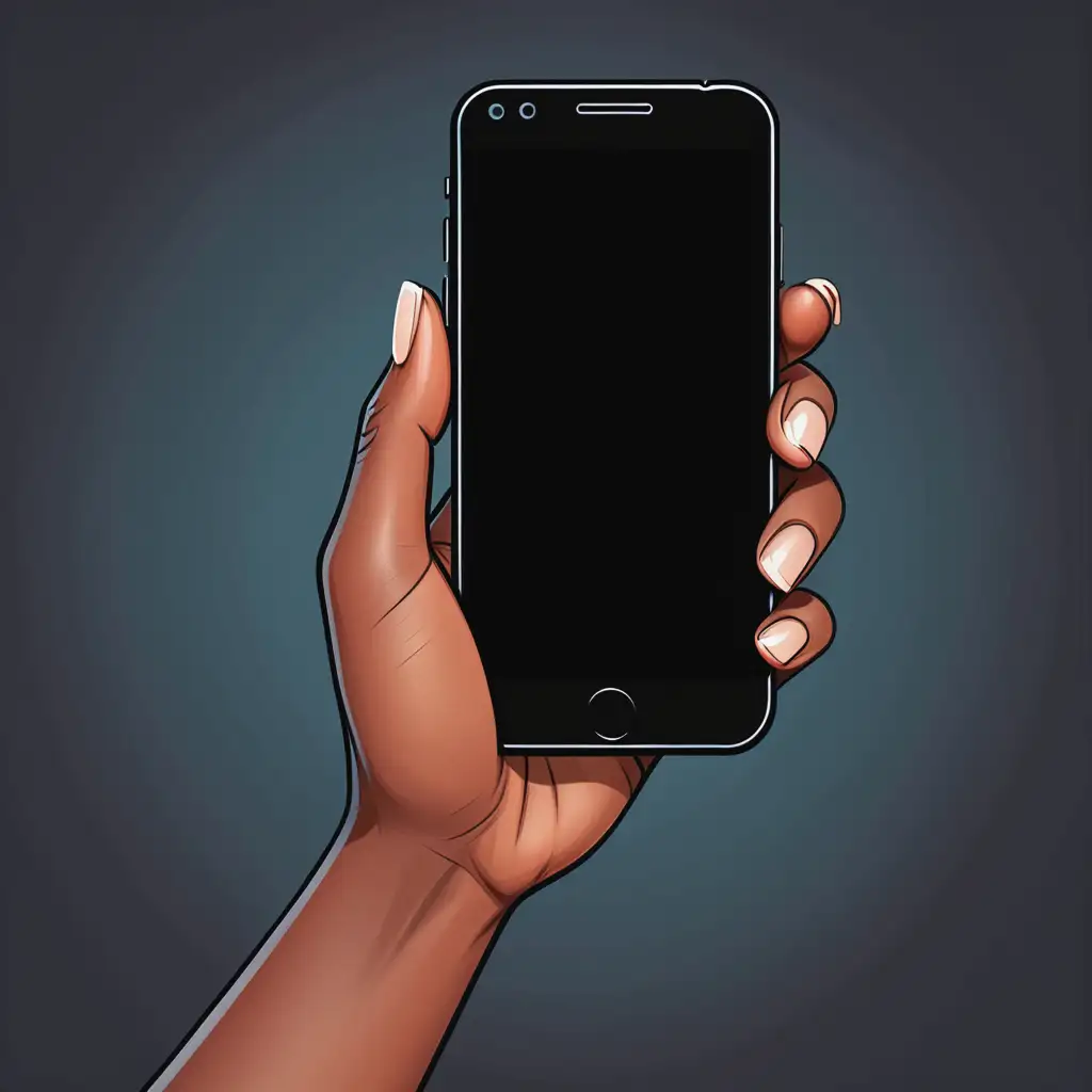 a black female hand holding a cellphone with a blank screen cartoon