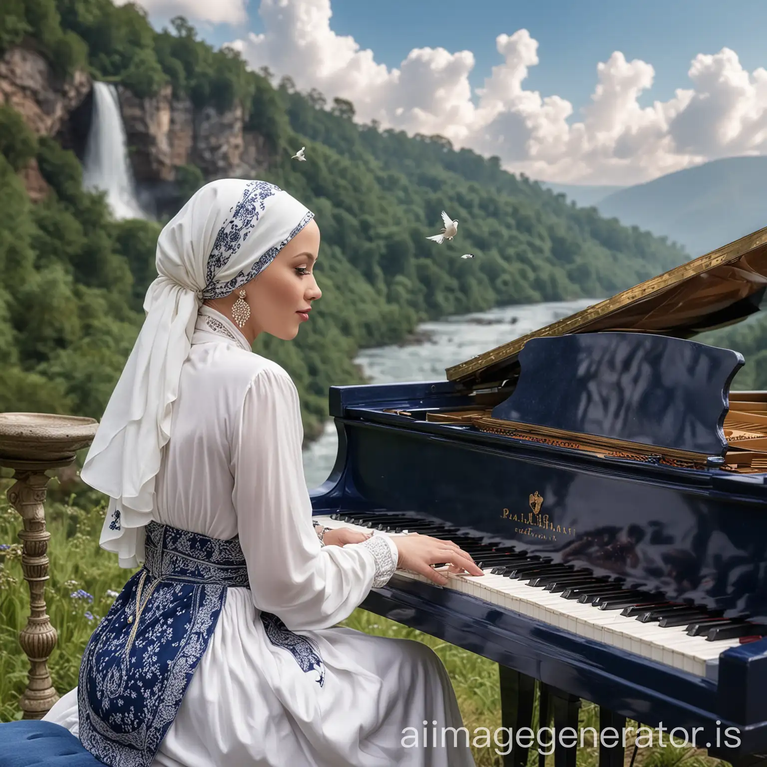 A back view of a bald nice large sized fair skin royal lady with oval face wearing a dark blue bandana on head & a white royal brim hat on it, wearing an elegant long-sleeve white hijab dress & pearl earrings, playing a white baby grand piano near a waterfall with chirping birds sitting around & white clouds in blue sky