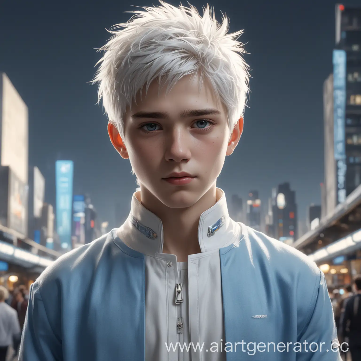 Highest image quality, outstanding details, ultra-high resolution, (realism: 1.4), the best illustration, favor details, highly condensed 1boy, with a delicate face, dressed in a white and blue modern clothes, white hair, the background is a high-tech lighting scene of the future city.