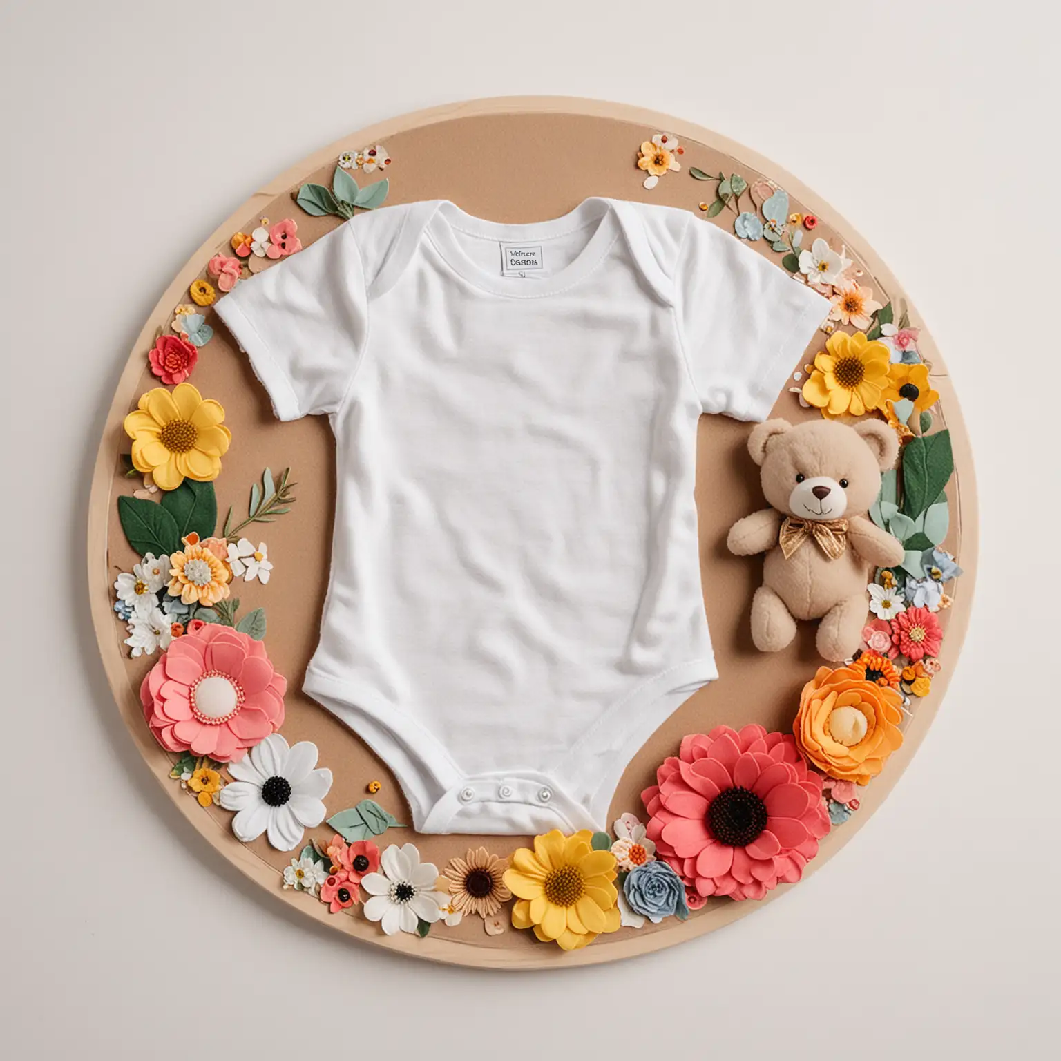 Flat lay image of a baby onesie with a round felt board, decorative flowers, a teddy bear, suitable for baby announcement, white background, 
aesthetically pleasing