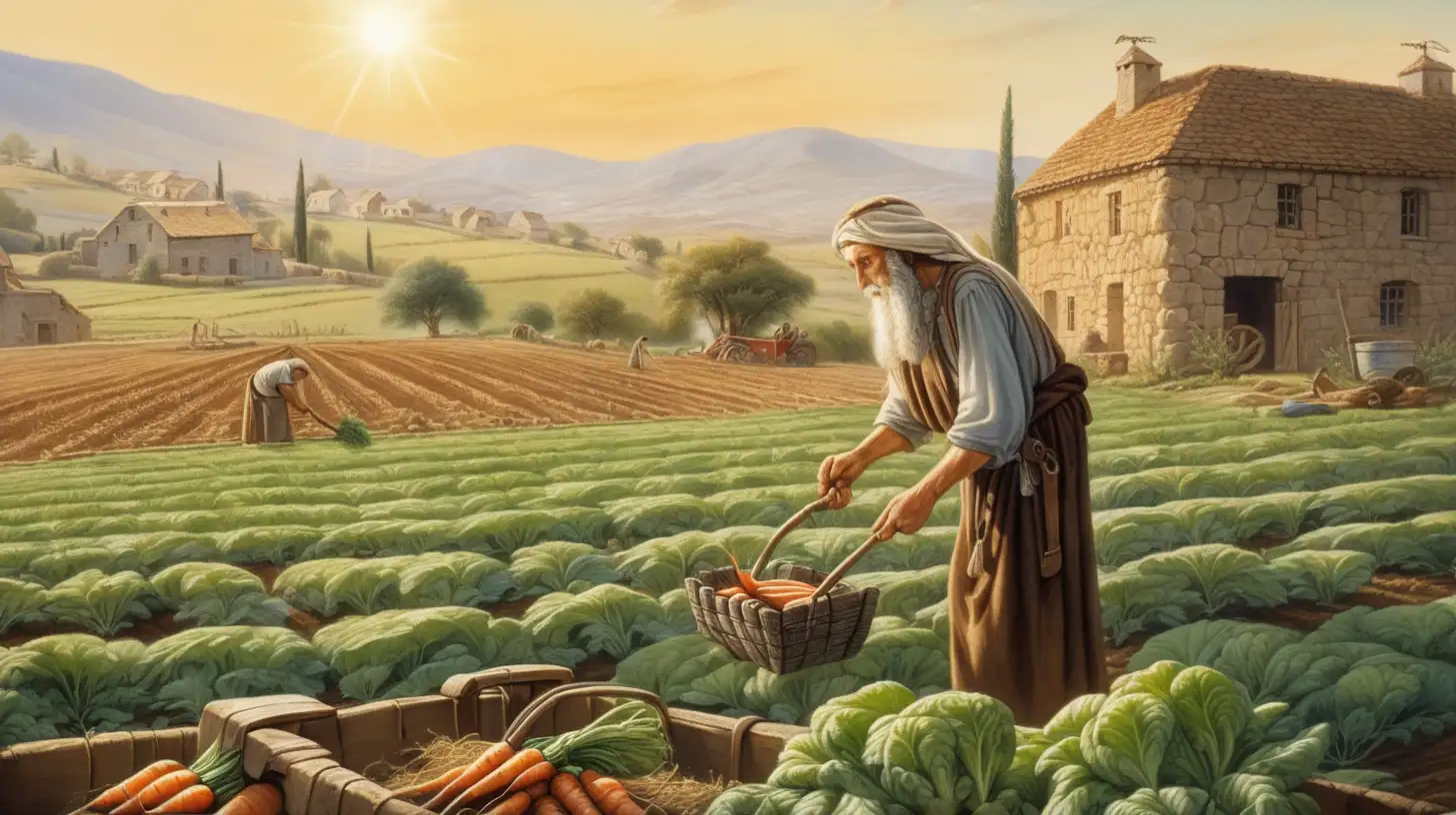 epoque biblique, un cultivateur hébreu récolte des carottes dans un champ laissé à l'abandon, au fond une ferme, tout au fond des collines, soleil du matin