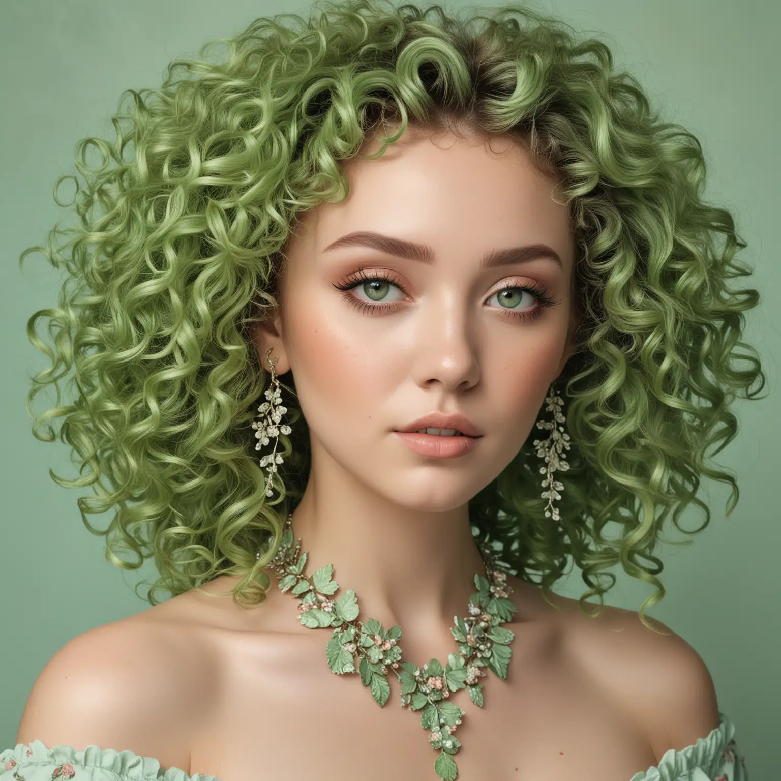 Portrait of a Woman with Pastel Green Curls and Floral Makeup