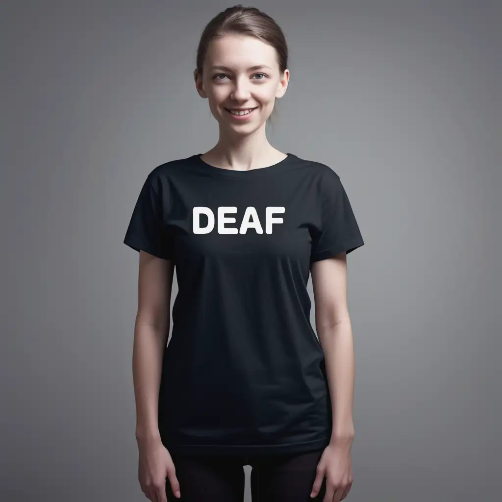 Deaf Awareness Portrait of a Person Wearing a DeafLabeled Top