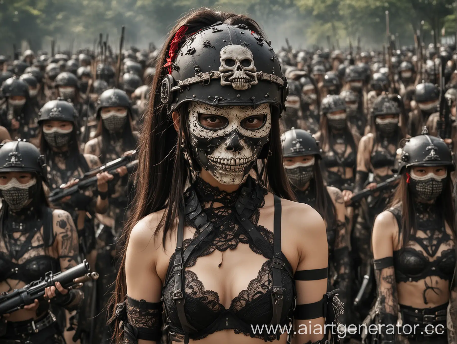 One hundred thousand Japanese female soldiers, wearing animal bra, skull lace underwear, helmet, masked face, undead mask,Black helmet, blindfold, cover one’s face with sthf，lamethrower, double ponytail, long hair, ball head, slightly raised chest, 18 years old, heavy weapons,Go side by side.