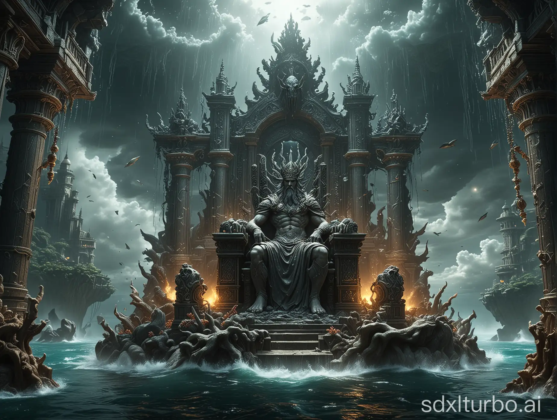 Beneath the depths of the sea, Poseidon's palace shines with mystery. The palace is made of coral and pearls, and Poseidon sits on a golden throne pulled by a sea monster and examines his kingdom of the sea.
Requirements: void arcanist floating in the air overlookinga ruined world， mist， post apocalyptic，photorealistic， octane render， unreal engine， hyperdetailed， volumetric lighting， a character coveredin smoke and lightning，in the style of dark fantasycreatures，multi-layered figures， mirrored realms，strong contrast between light and dark， high angle view， aerial view， long shot， 8k， high details，HDR --ar 3:4 --q 2 --v 5 --s 750