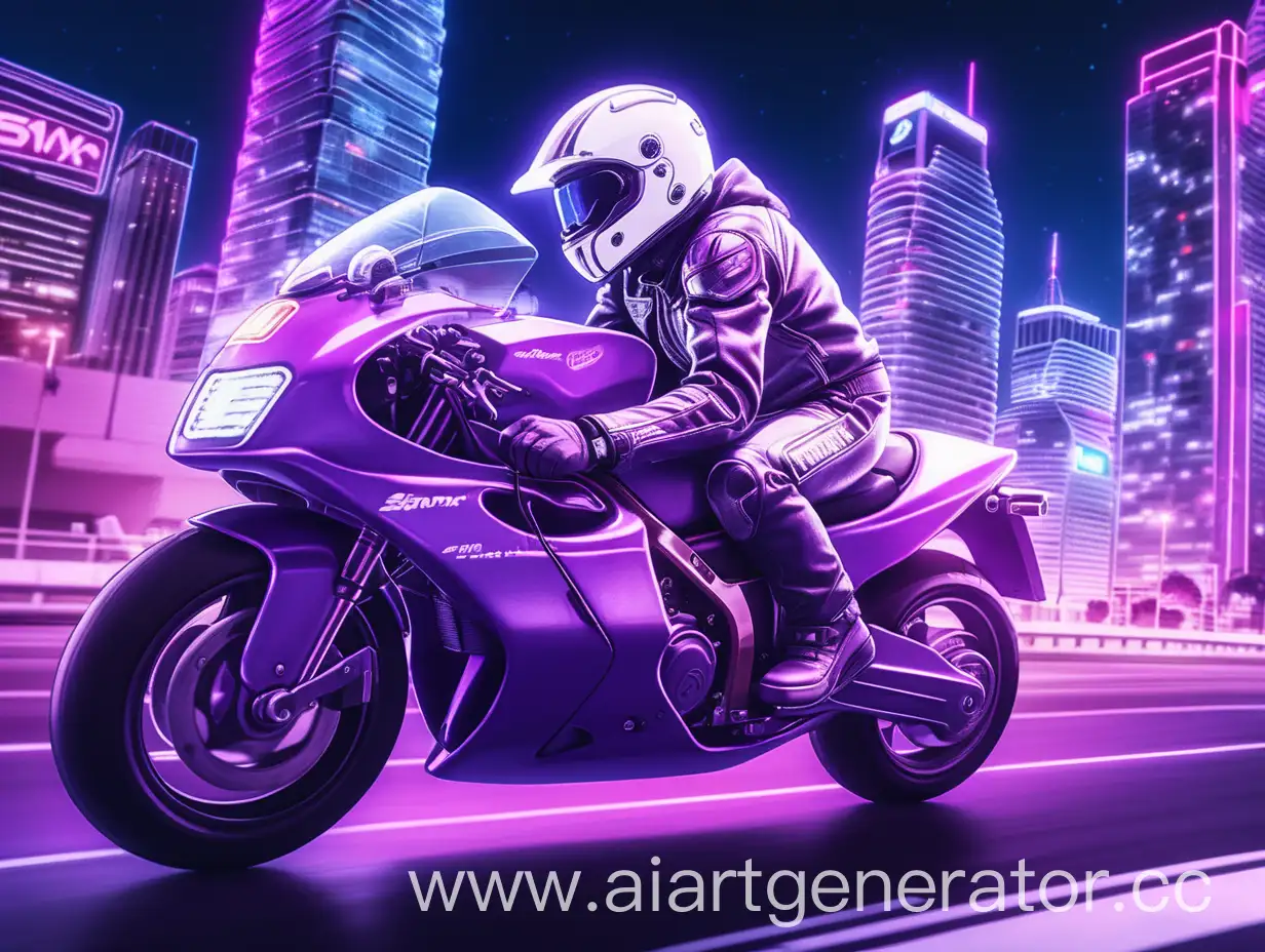 Стиль аниме, аналоговое изображение, neon retrowave. Мотоциклист в белом шлеме на спортивном мотоцикле мчится по свободной трассе. Близкий план, вид сбоку. На заднем фоне мелькающие здания города. Оттенок retrowave фиолетовый.