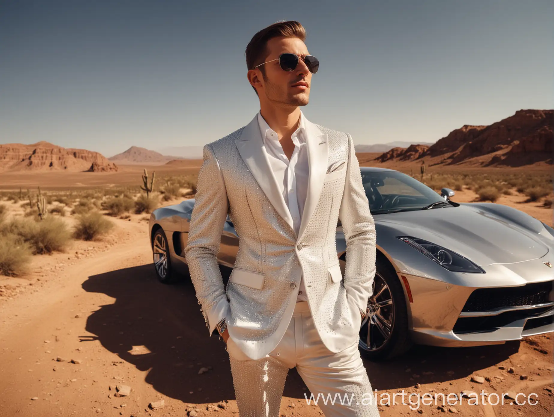 Stylish-Man-in-Rhinestone-Suit-Poses-with-Supercar-in-Desert