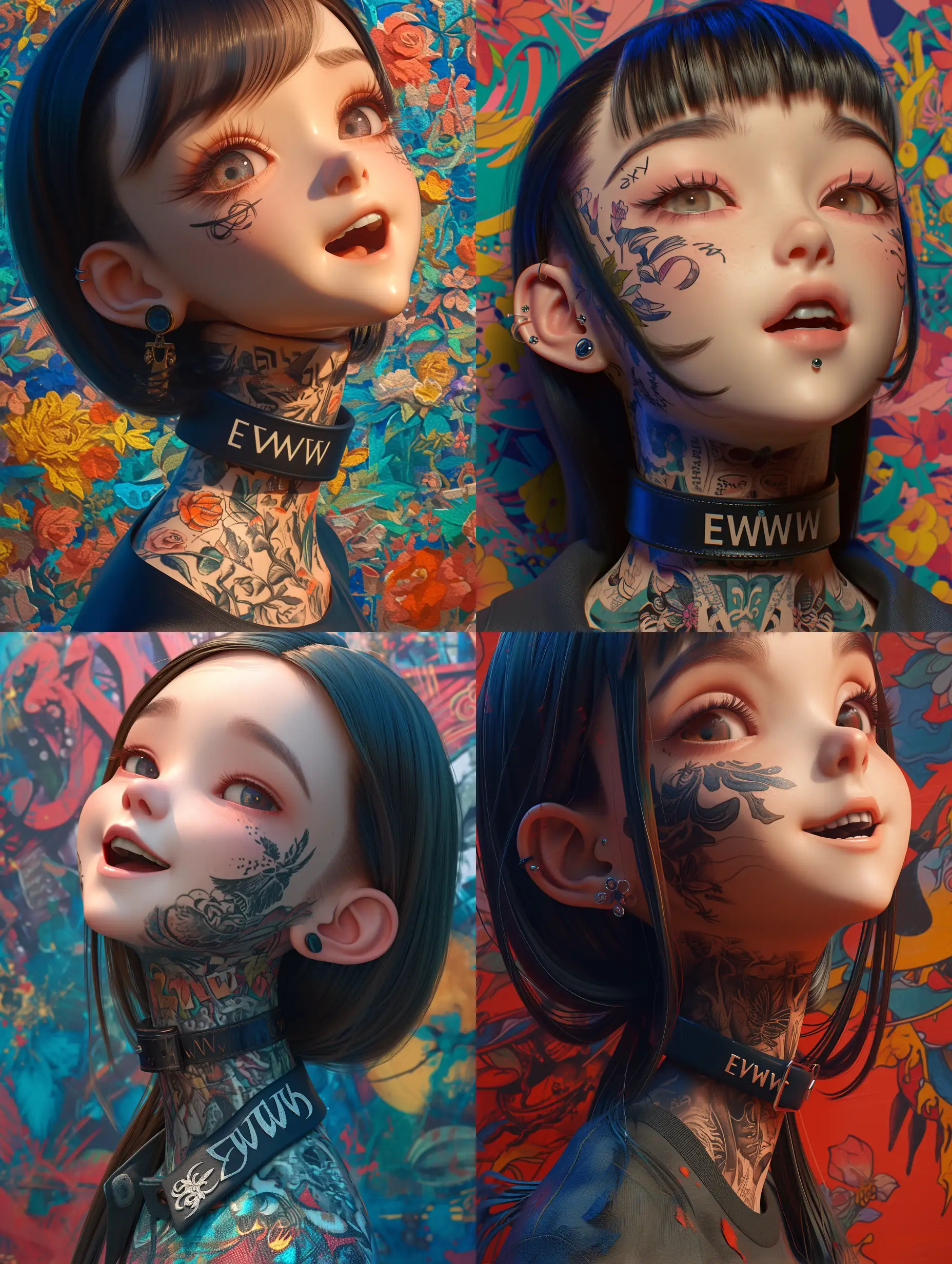 close up, side view, look to the viewer, 3D character, girl with long neck tattoo, happy, eyes open, detail expression, collar with the inscription "EWW" 3D render, doll-like , CGI VFX fine art, ZBrush HDR | color grading | dark shadows | ambient occlusion | high resolution | intricate | hyperrealistic textures, against an ultra-realistic background with high details and surreal elements. :: anime::-0.1 --niji 6 --s 250