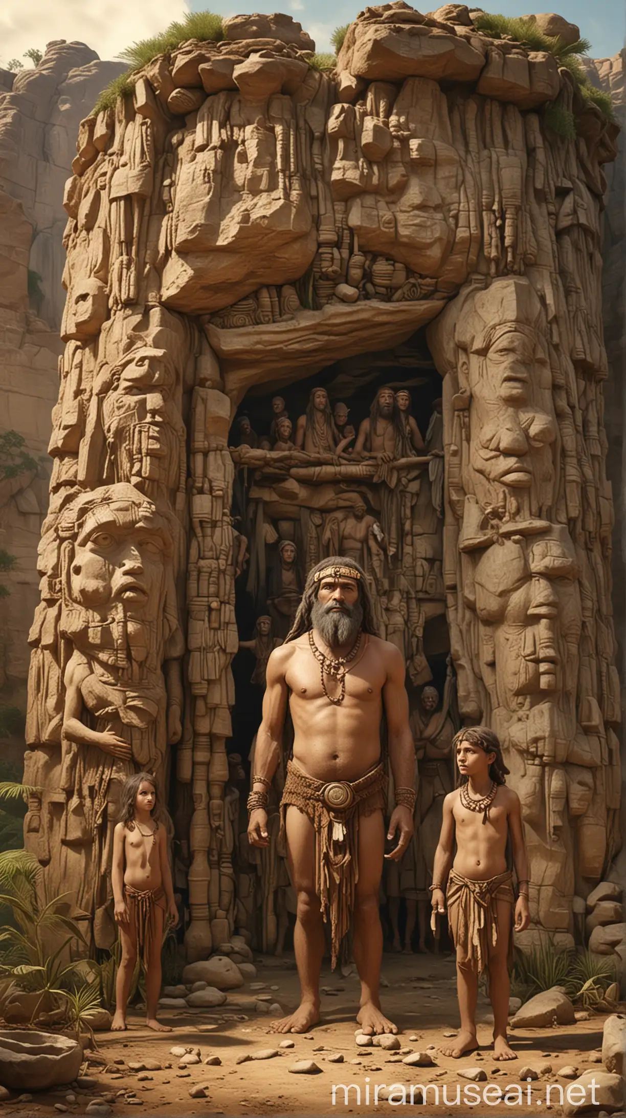 "A prehistoric setting with Jubal, depicted as a wise and ancient figure, standing with his parents, Lamech and Adah. Surrounding them is an early human community, showing a connection to their lineage."In ancient world 