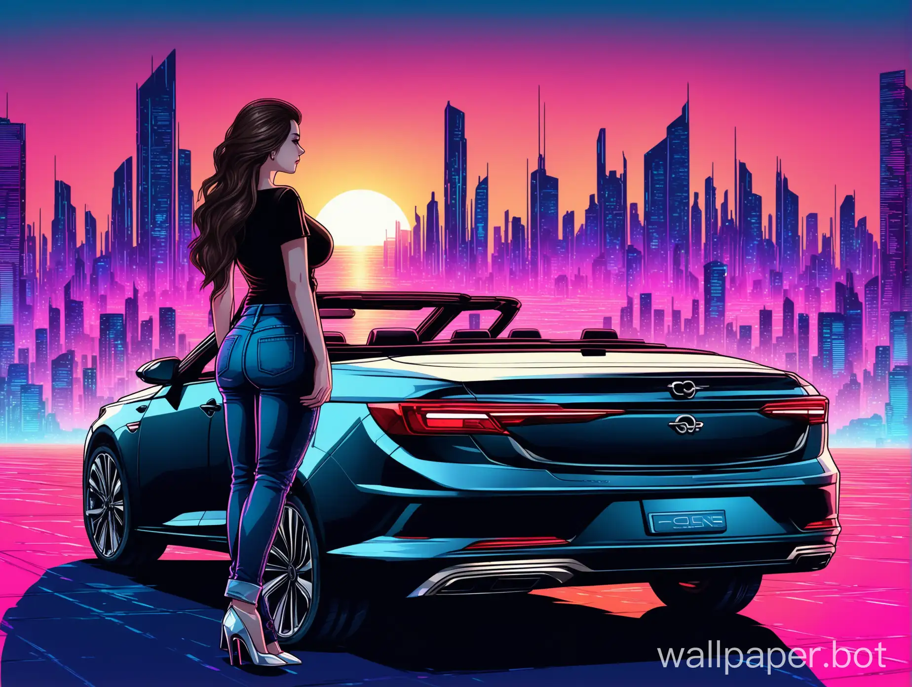 fuller shape woman with long darkbrown hair visible from the back (her face isn't visible), wearing black t-shirt with cleavage, jeans and high heels standing near the right side of a grey opel insignia grandsport convertible car visible from the side. background is a futuristic city at sunset, synthwave style