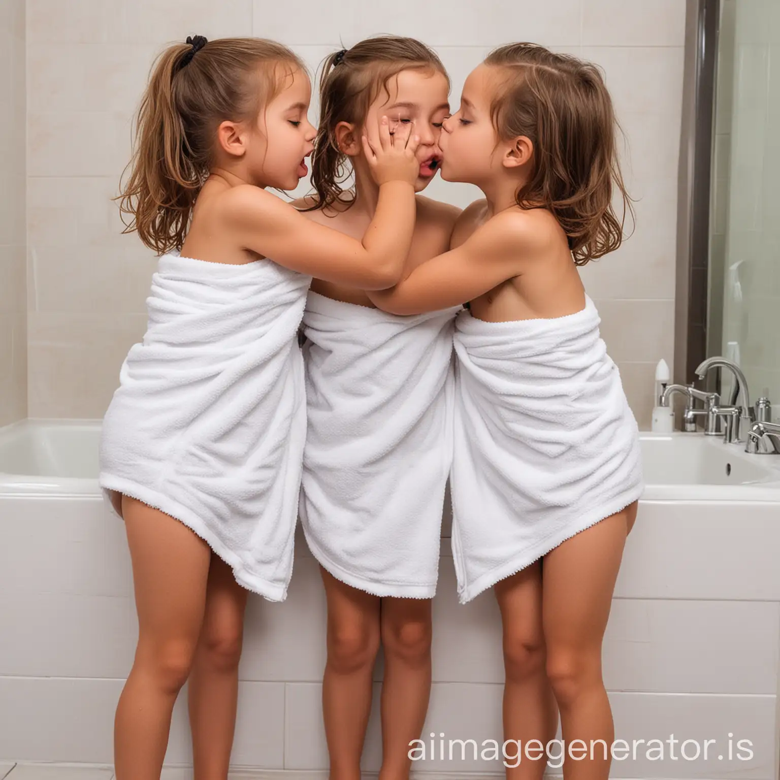 2 adorable girls kissing with towel around waist in the bathroom.