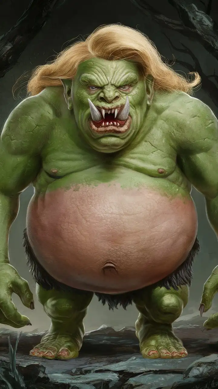 green pathfinder troll, ugly troll face fanged face, scrawny, fat belly, with Donald Trump's blonde hair