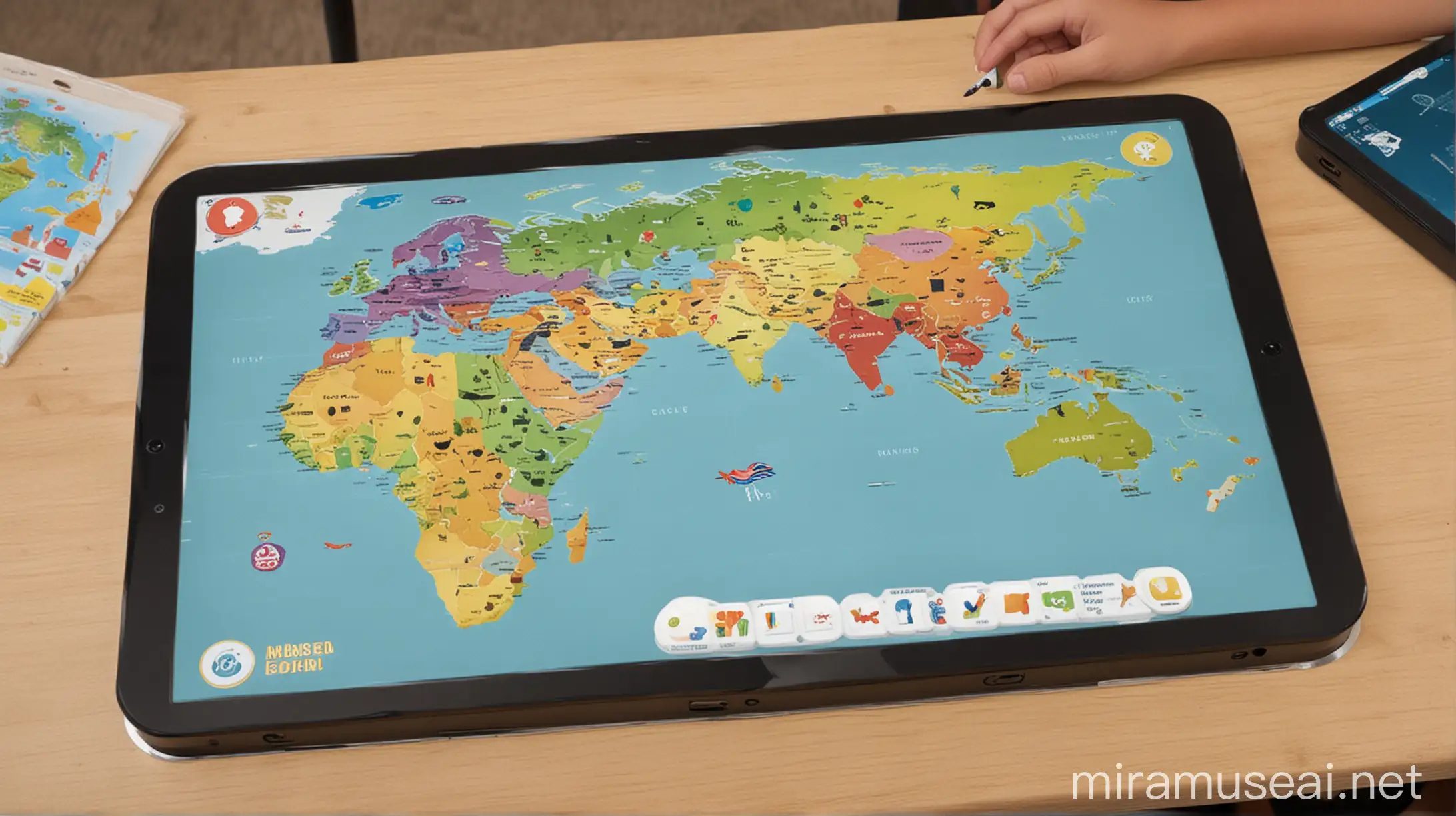 Create an interactive screen for an educational app on a sensor table, where children can study the world map. The screen should have a map with highlighted continents and a 'Learn More' button to get information about each country. Use bright colors and attractive images of attractions.
