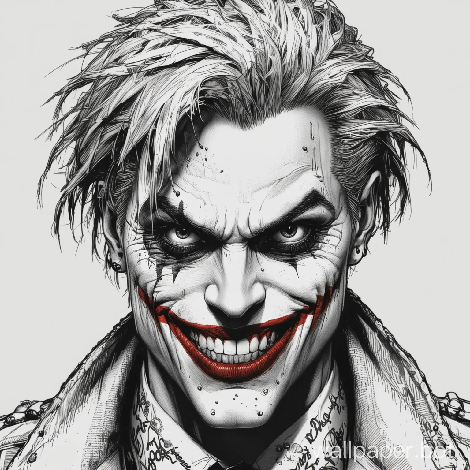 joker, suicide squad, gangsta, face drawing, short hair, front, lineart, comic book art, white background