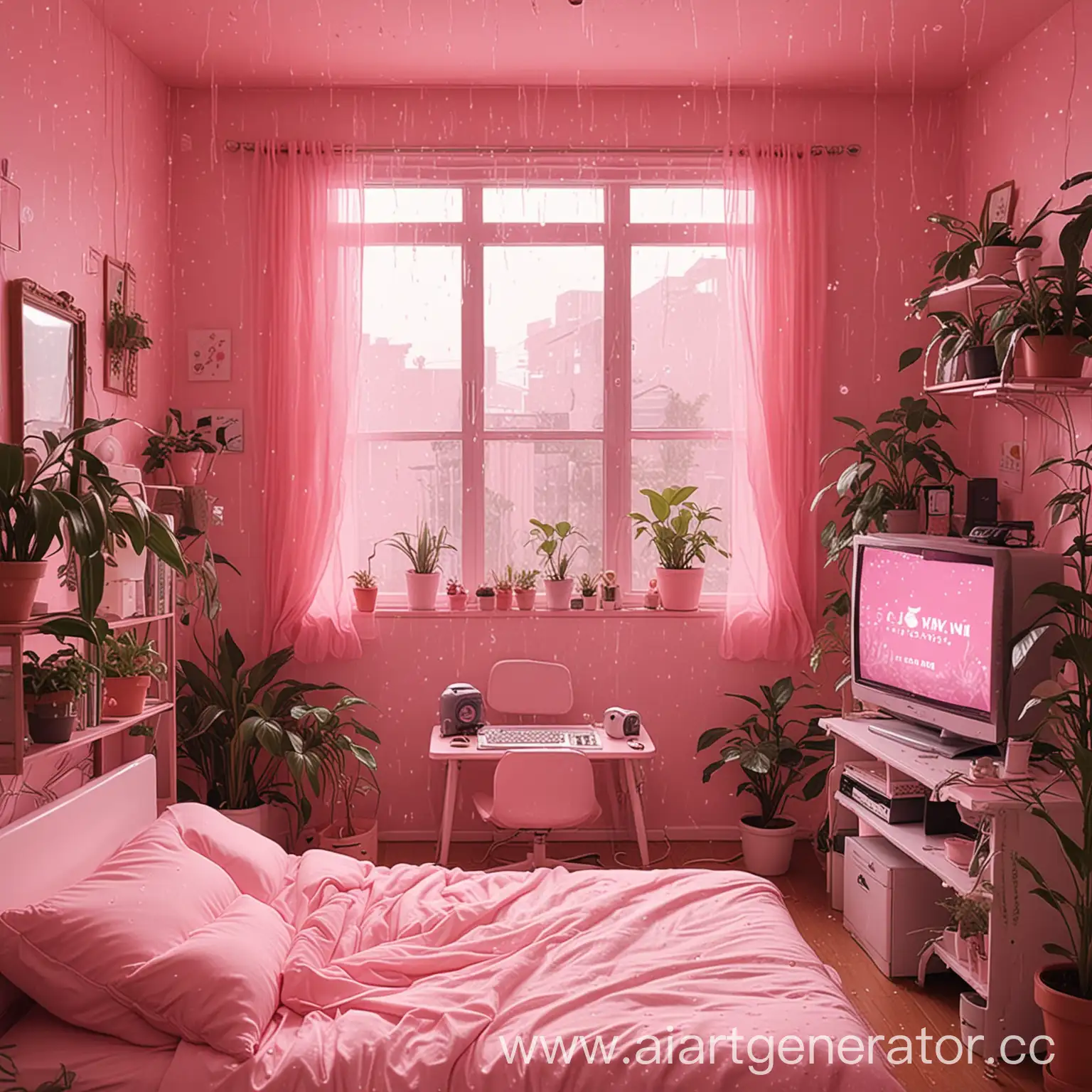 a sweet girlish pink light kawaii gentle room, lots of cute little indoor plants, a pink bed, a  pink streamer chair, a gaming computer, a window behind which it rains, the atmosphere is lamp-like, cozy, lo fi anime style