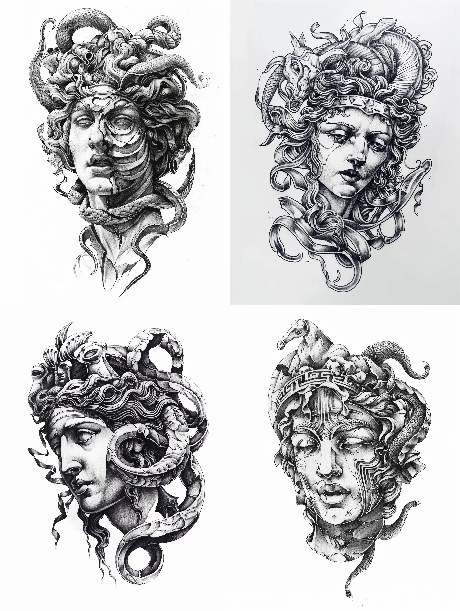 abstract greek mythology, medusa head statut, tattoo design sketch, white background