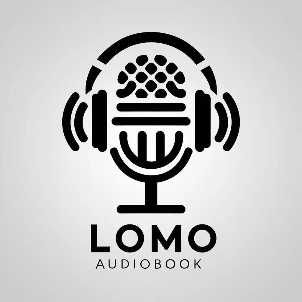 a logo design,with the text "LOMO Audiobook", main symbol:microphone, headphones, broadcast, deep thinking,complex,be used in Internet industry,clear background