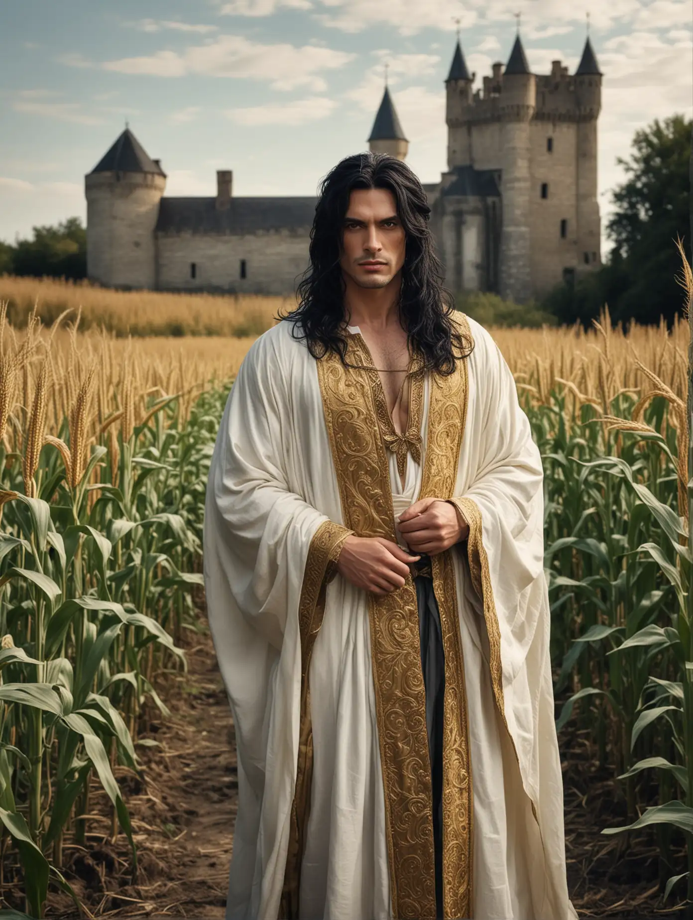 A handsome masculine man, with waist length black hair, in a corn fA full-length image depicts a handsome, huge and muscular man clad in a heavy, golden, kingly flowing robe. His long black hair, accented with bold striking white streaks on either side of his head, exudes the grace and power of a medieval king. Beside him stands a captivating lady with long, black hair, in a white medieval robe. background is a castle.ield.